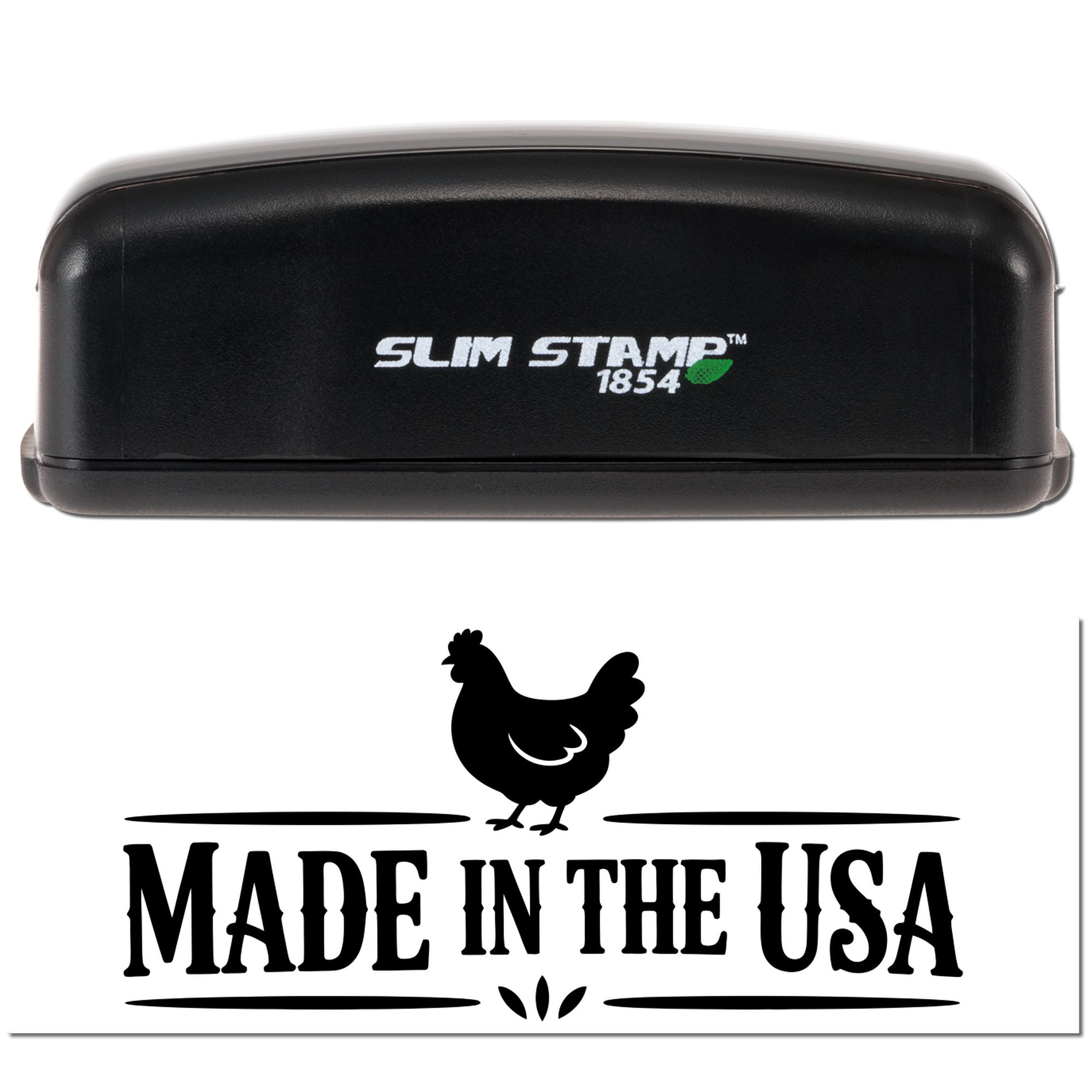 Black Slim Stamp 1854 self-inking stamp and Made in the USA seal with chicken icon on a white background