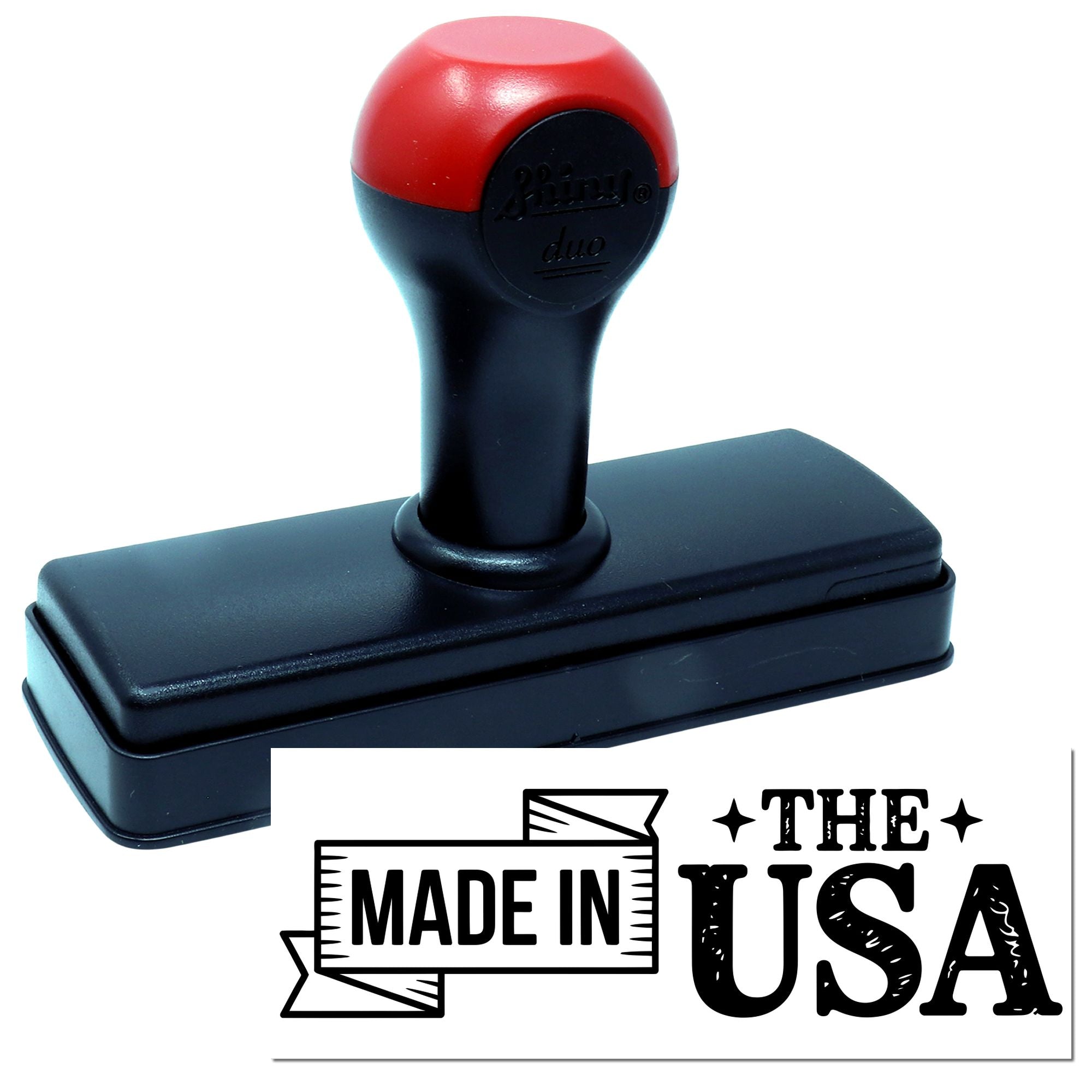 Red and black self-inking stamp with bold Made in USA seal graphic