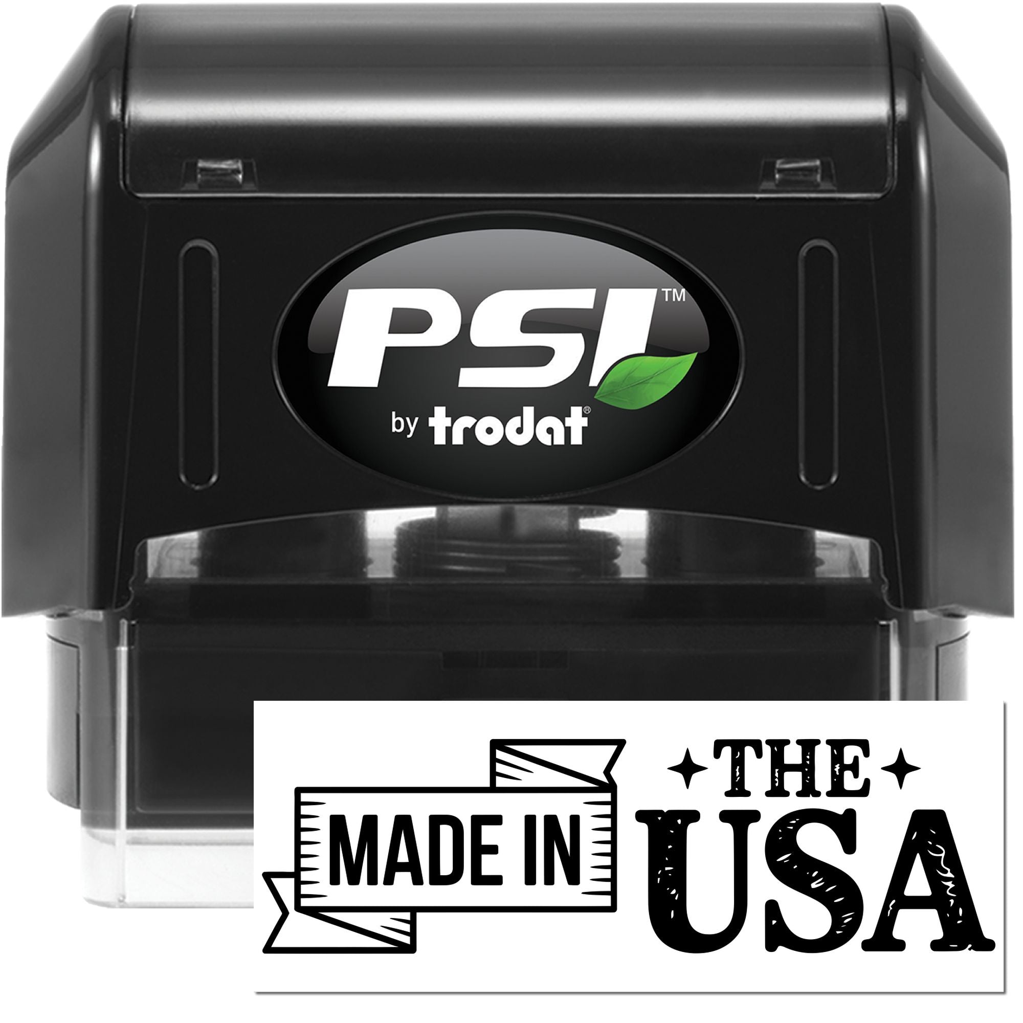 Black PSI by Trodat self-inking stamp with green leaf logo and Made in USA seal design
