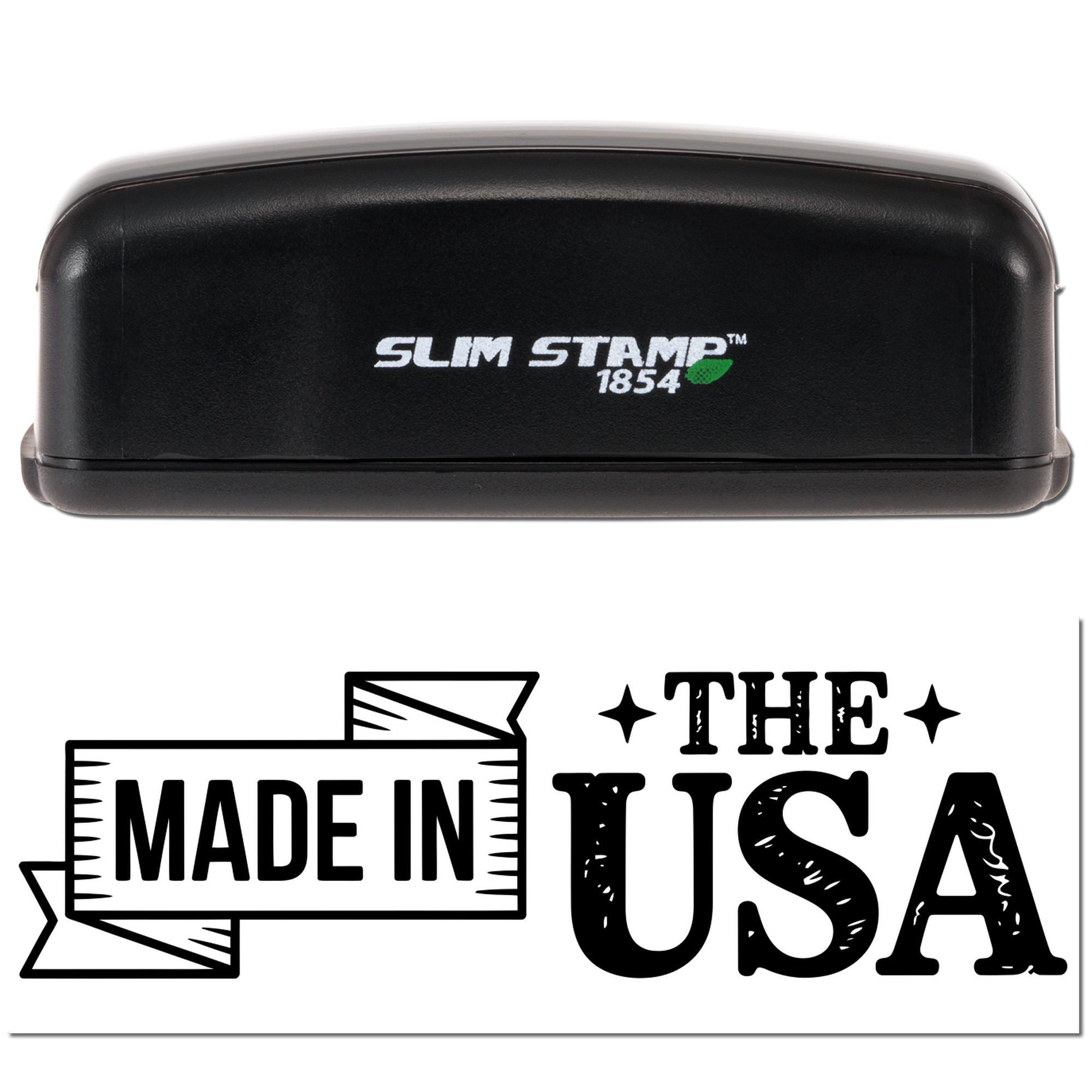 Black Slim Stamp 1854 self-inking stamp case above a bold black Made in the USA seal on white background.