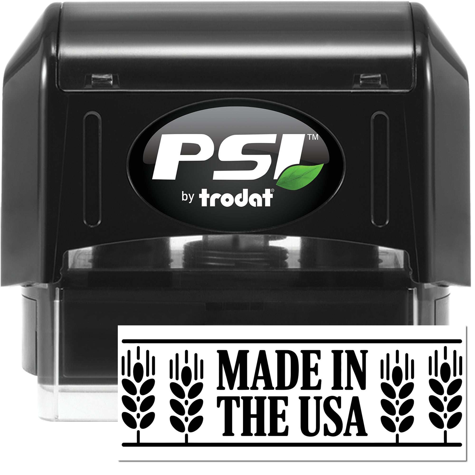 Black PSI by Trodat self-inking stamp and seal with bold black Made in the USA imprint on white background