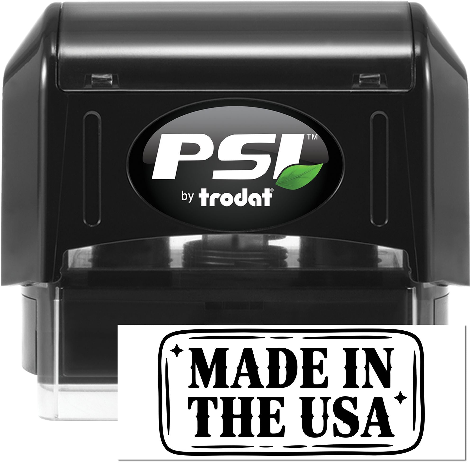 Black PSI by Trodat self-inking stamp and seal set, black plastic with green leaf logo and Made in the USA imprint