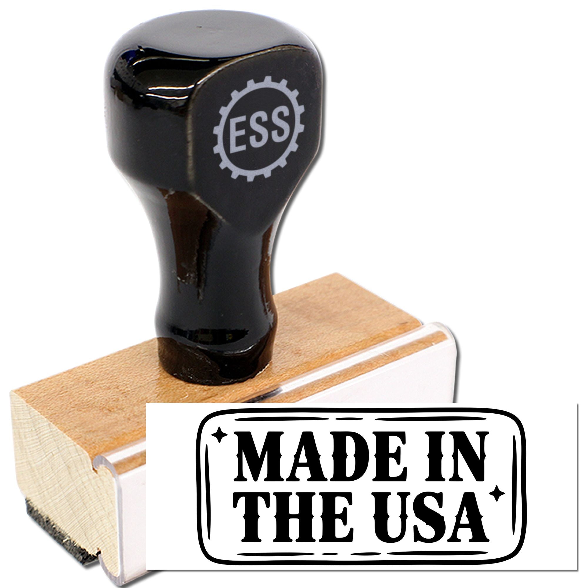 Black ESS stamp and seal on wooden base with bold Made in the USA imprint in white and black.