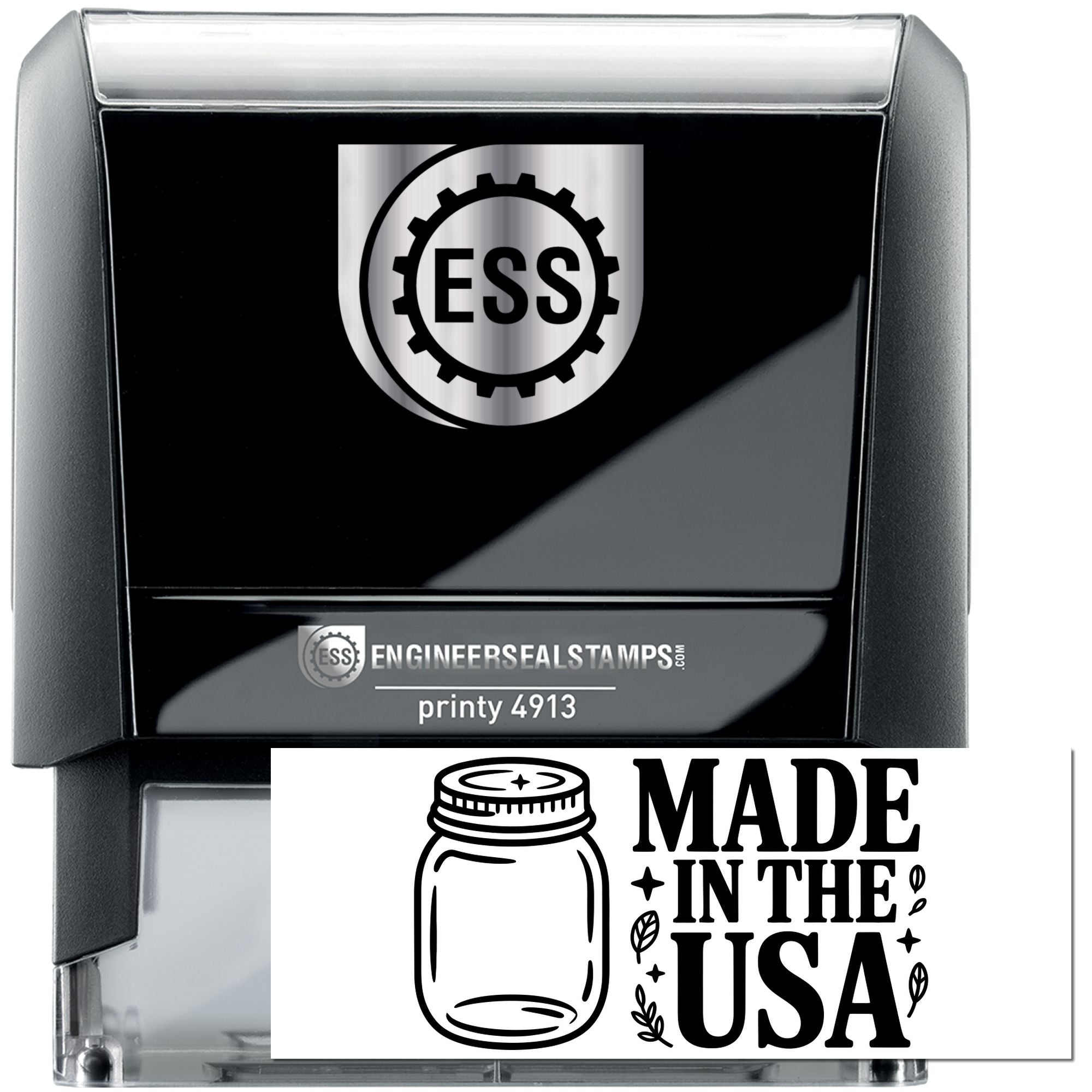 Black self-inking ESS engineer seal stamp with silver accents and a Made in the USA emblem.