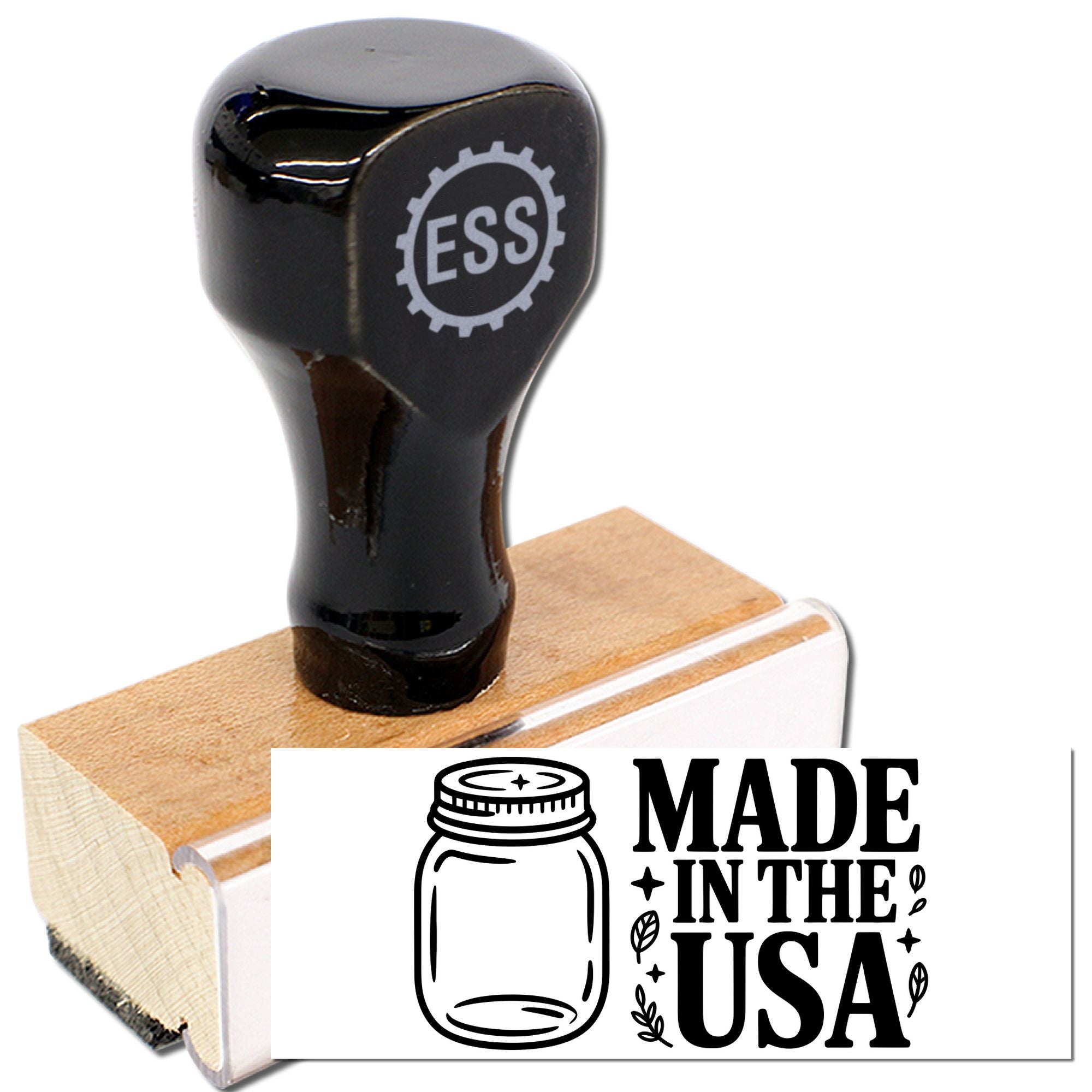 Black stamp and wooden seal block with ESS logo and Made in the USA graphic