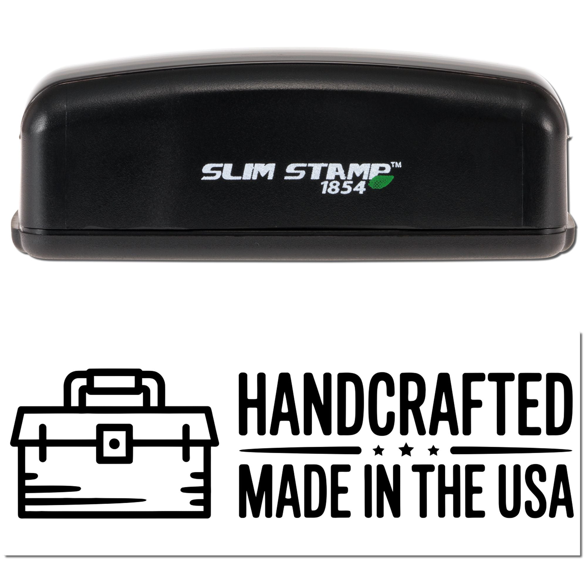Black Slim Stamp 1854 handheld stamp with green leaf logo and black Handmade in the USA seal graphic.