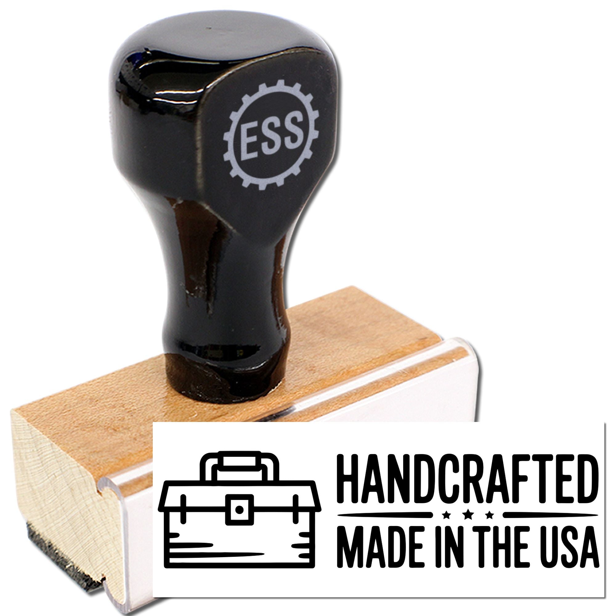 Black rubber stamp with wooden handle and ESS seal, printing a handcrafted Made in the USA toolbox logo.