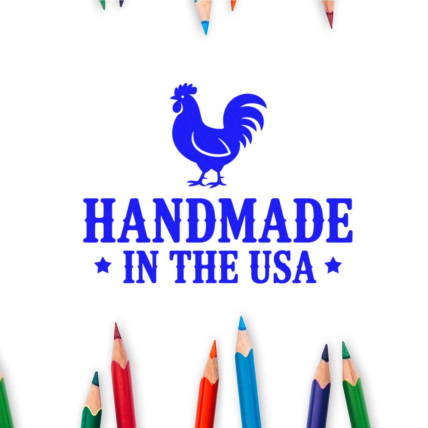 Blue rooster stamp seal reading Handmade in the USA, with colorful pencil tips on a white background.