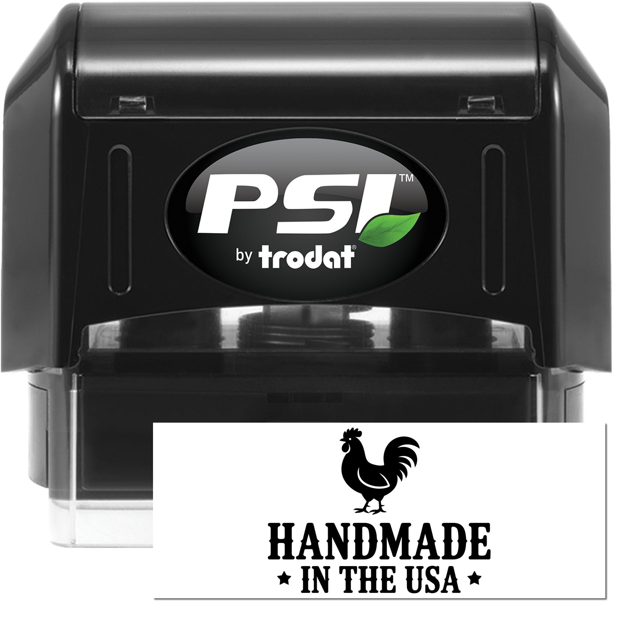 Black PSI by Trodat self-inking stamp and seal set with green leaf logo; white Handmade in the USA seal with rooster.