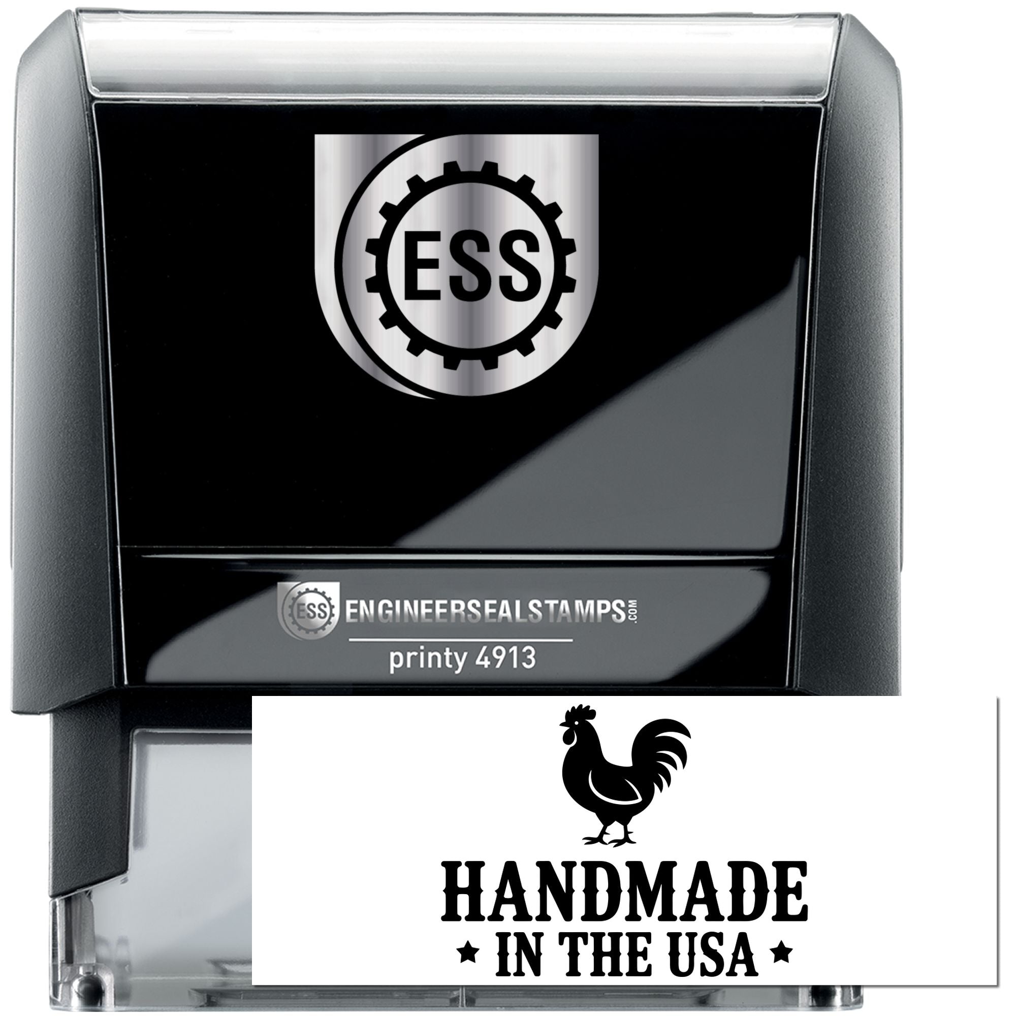 Black self-inking ESS stamp and seal set with silver top, gear logo, and white Handmade in the USA rooster seal.