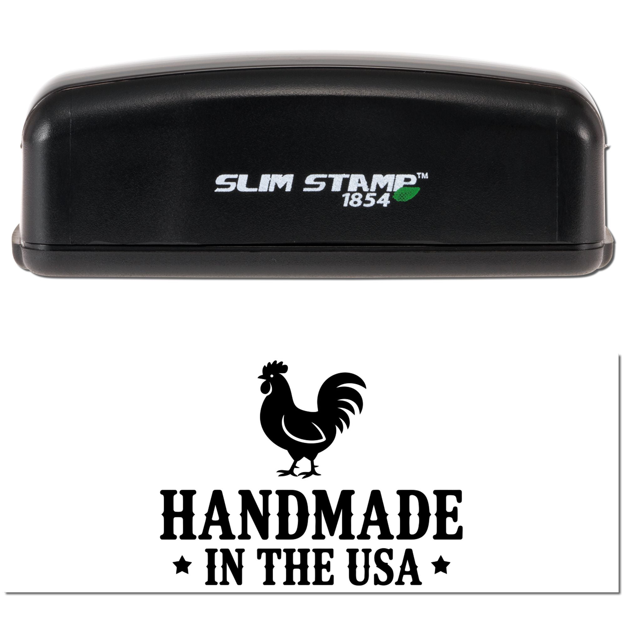 Black Slim Stamp 1854 stamp and seal with green leaf logo, rooster emblem, and Handmade in the USA text.