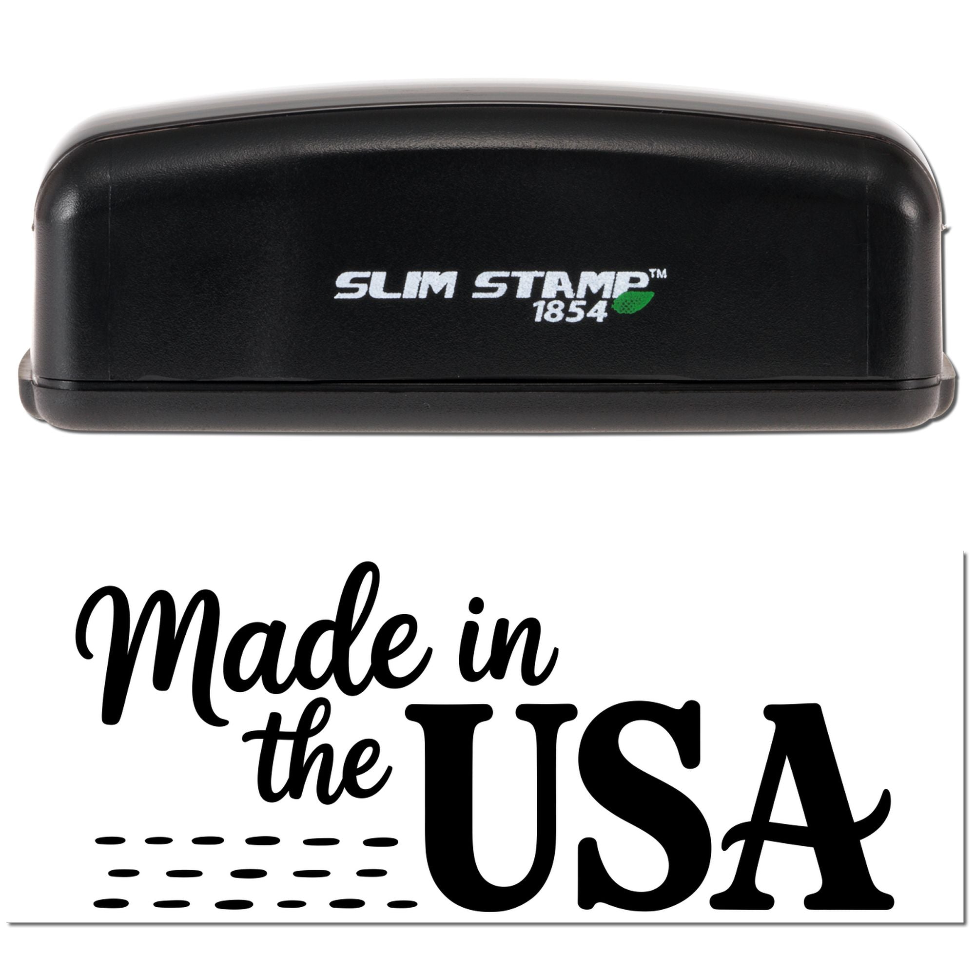 Black Slim Stamp 1854 seal with white logo and green leaf, showing a bold Made in the USA stamp impression.