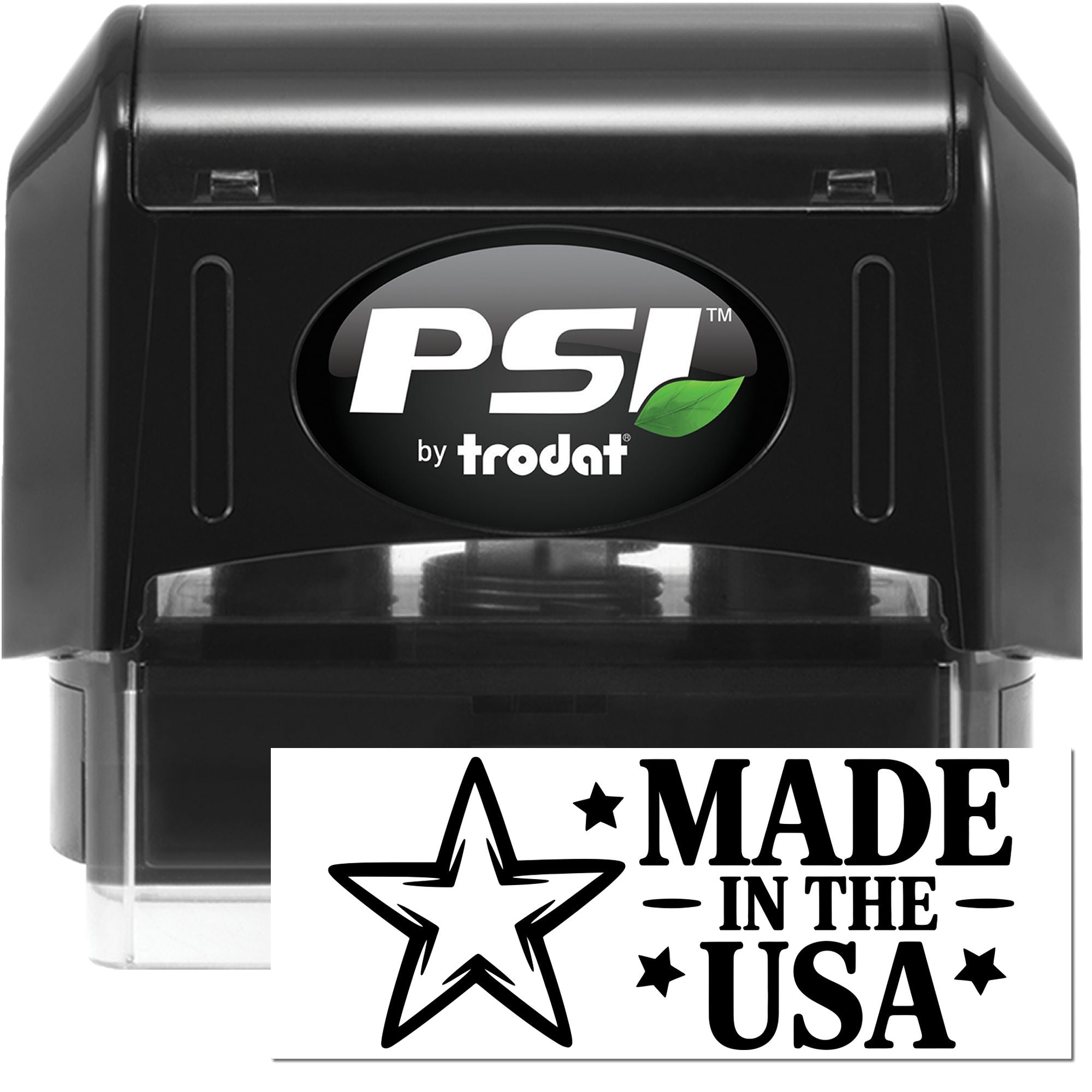 Black PSI by Trodat self-inking stamp with white logo and green leaf, plus black Made in the USA seal.