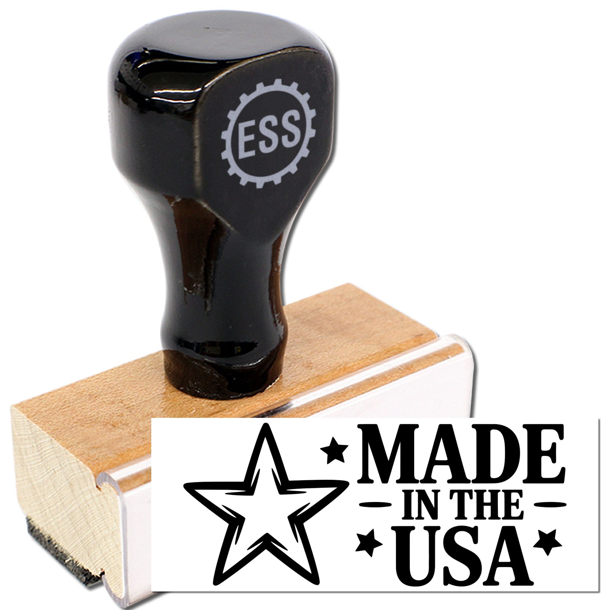 Black ESS rubber stamp and Made in the USA seal on wooden block with white background.