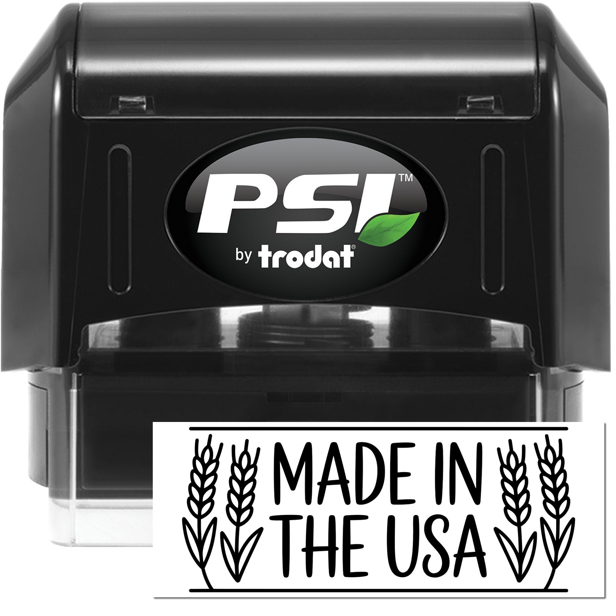 Black PSI by Trodat self-inking stamp and seal with green leaf logo, showing a white Made in the USA imprint.