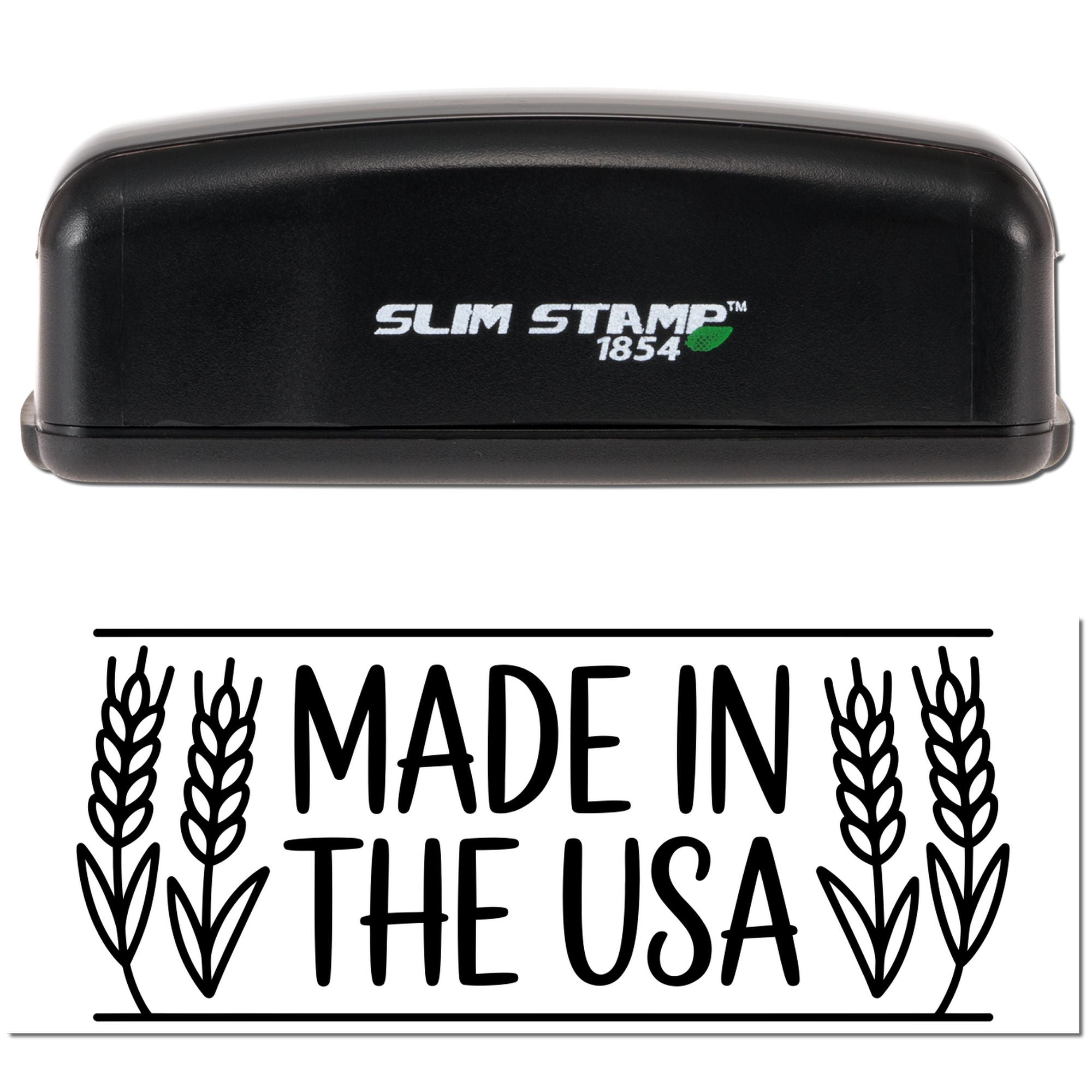 Black Slim Stamp 1854 self-inking stamp with Made in the USA wheat seal in black on white.