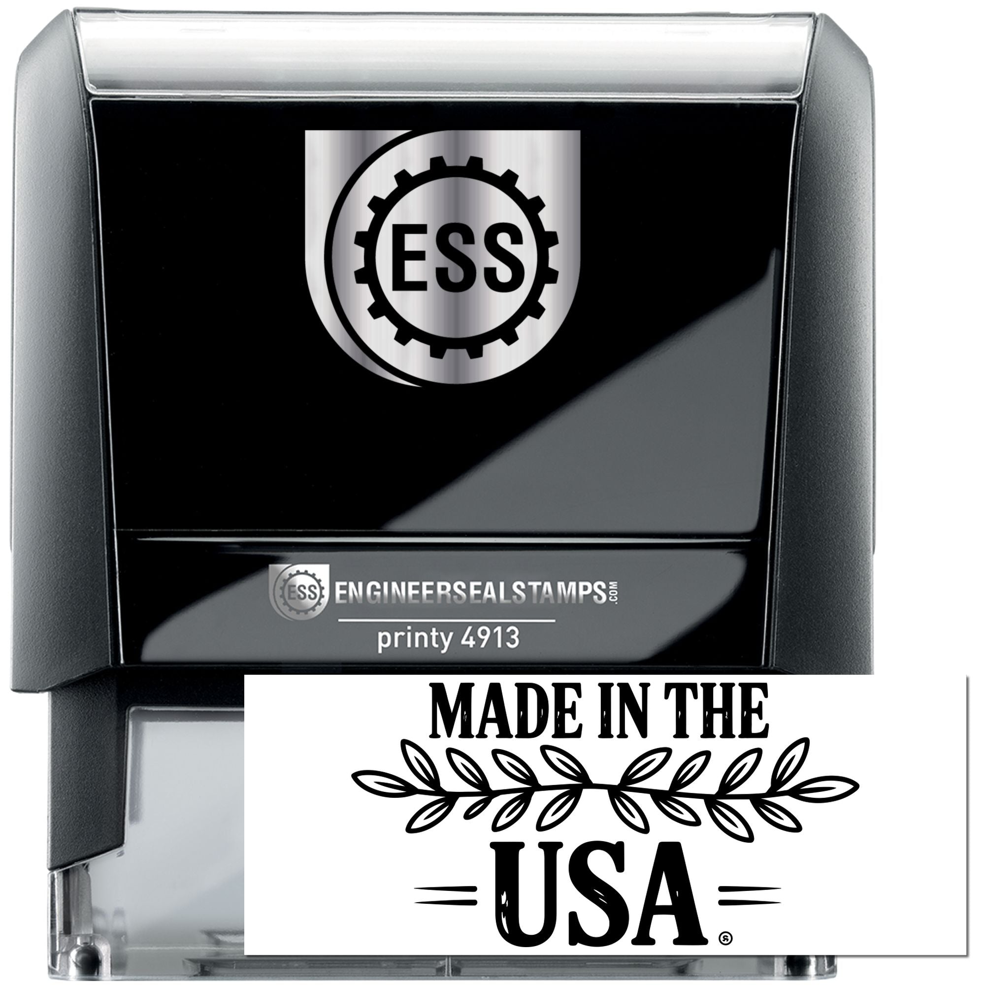 Black self-inking stamp with silver trim, ESS logo, and white Made in the USA seal.
