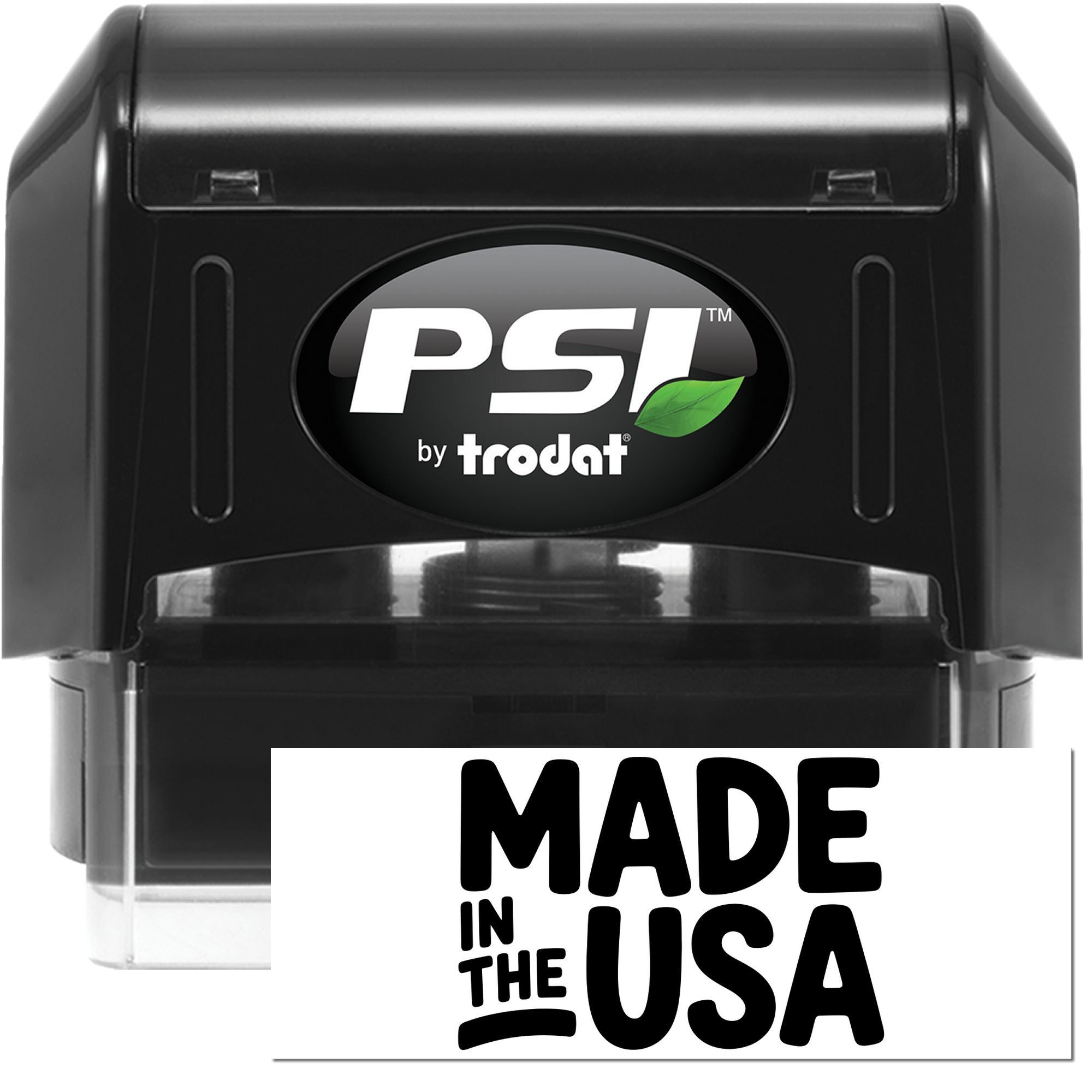 Black PSI by Trodat self-inking stamp and seal with clear base and Made in the USA label.