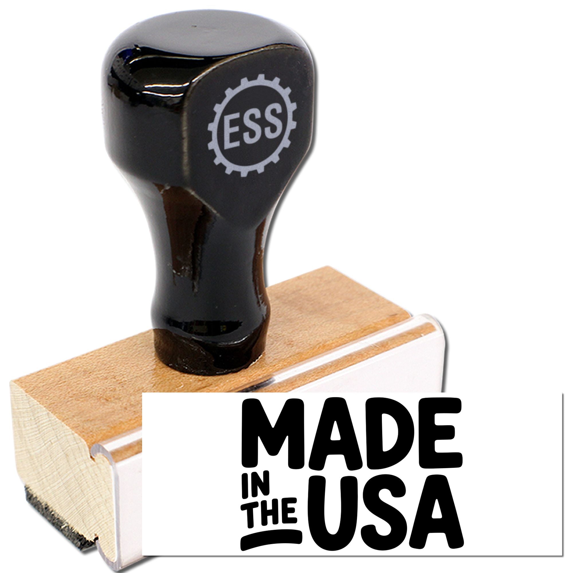 Black ESS stamp and seal on a wooden block, with white Made in the USA imprint on a clean white background.