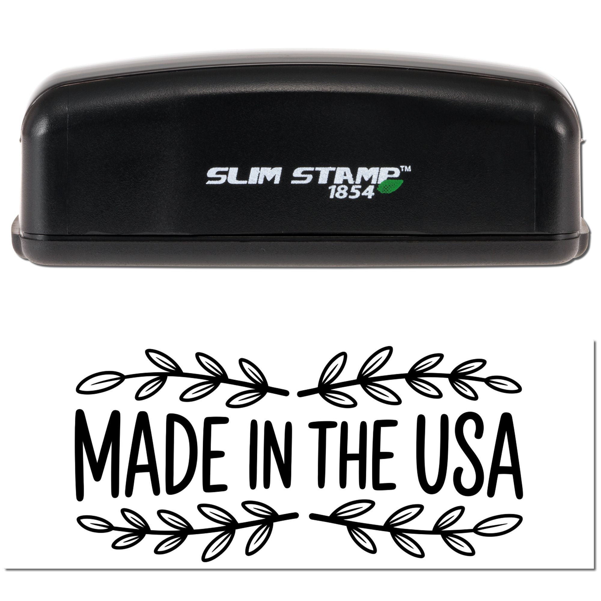 Black Slim Stamp 1854 and Made in the USA seal with leafy border and white lettering.