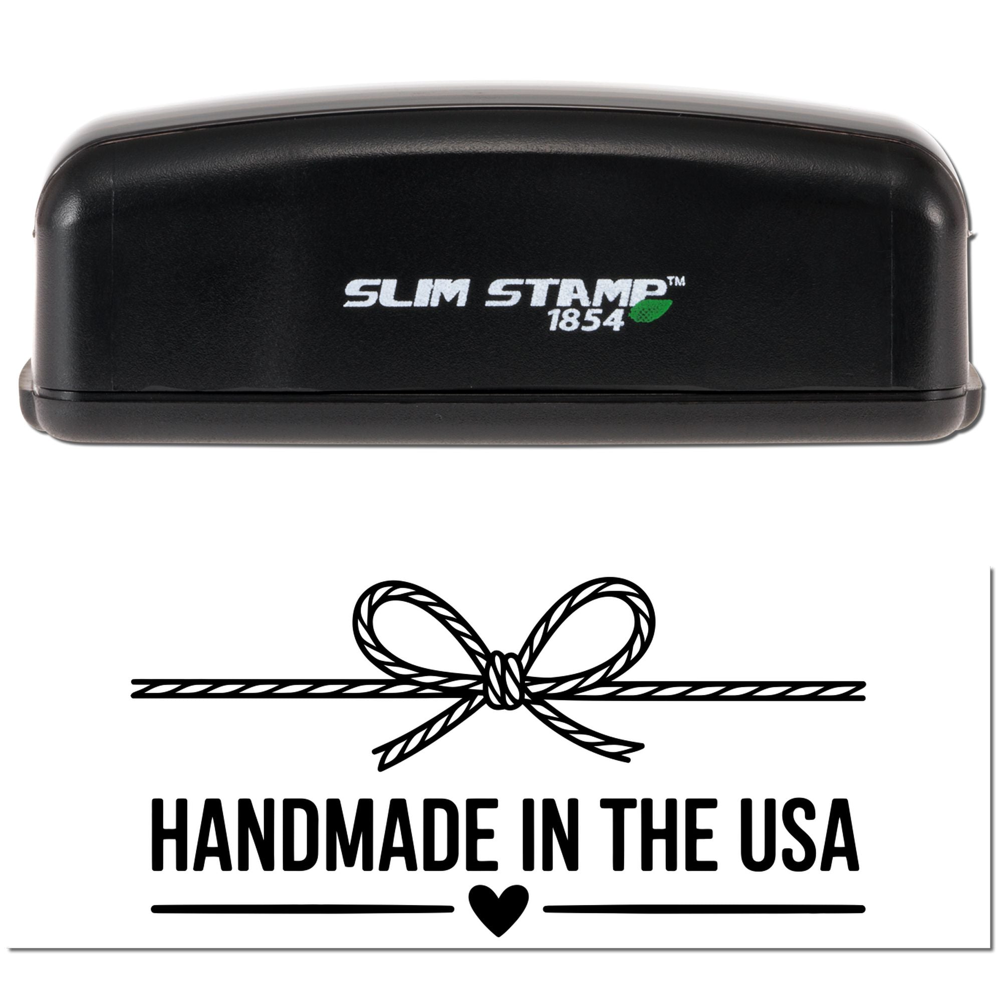 Black Slim Stamp 1854 stamp and handmade-in-the-USA seal design with rope bow, heart, and bold black lettering