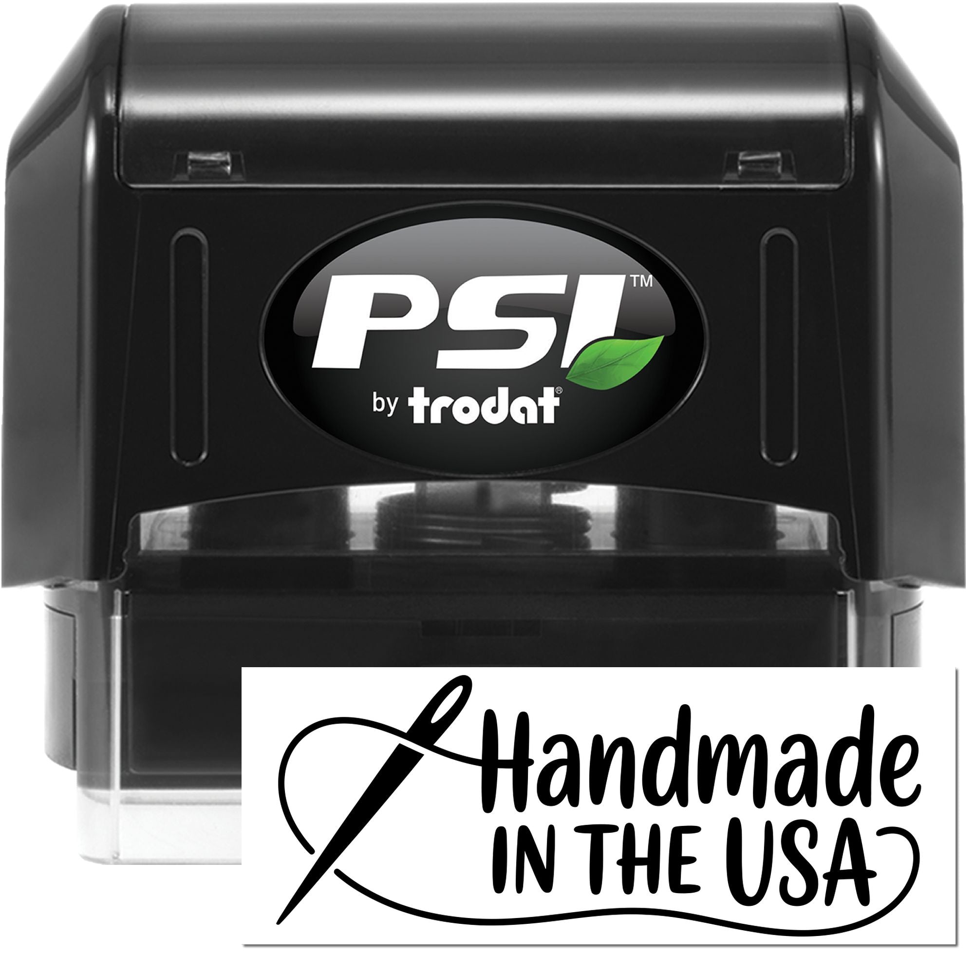 Black PSI by Trodat self-inking stamp and seal product with clear base, displaying a white Handmade in the USA imprint.