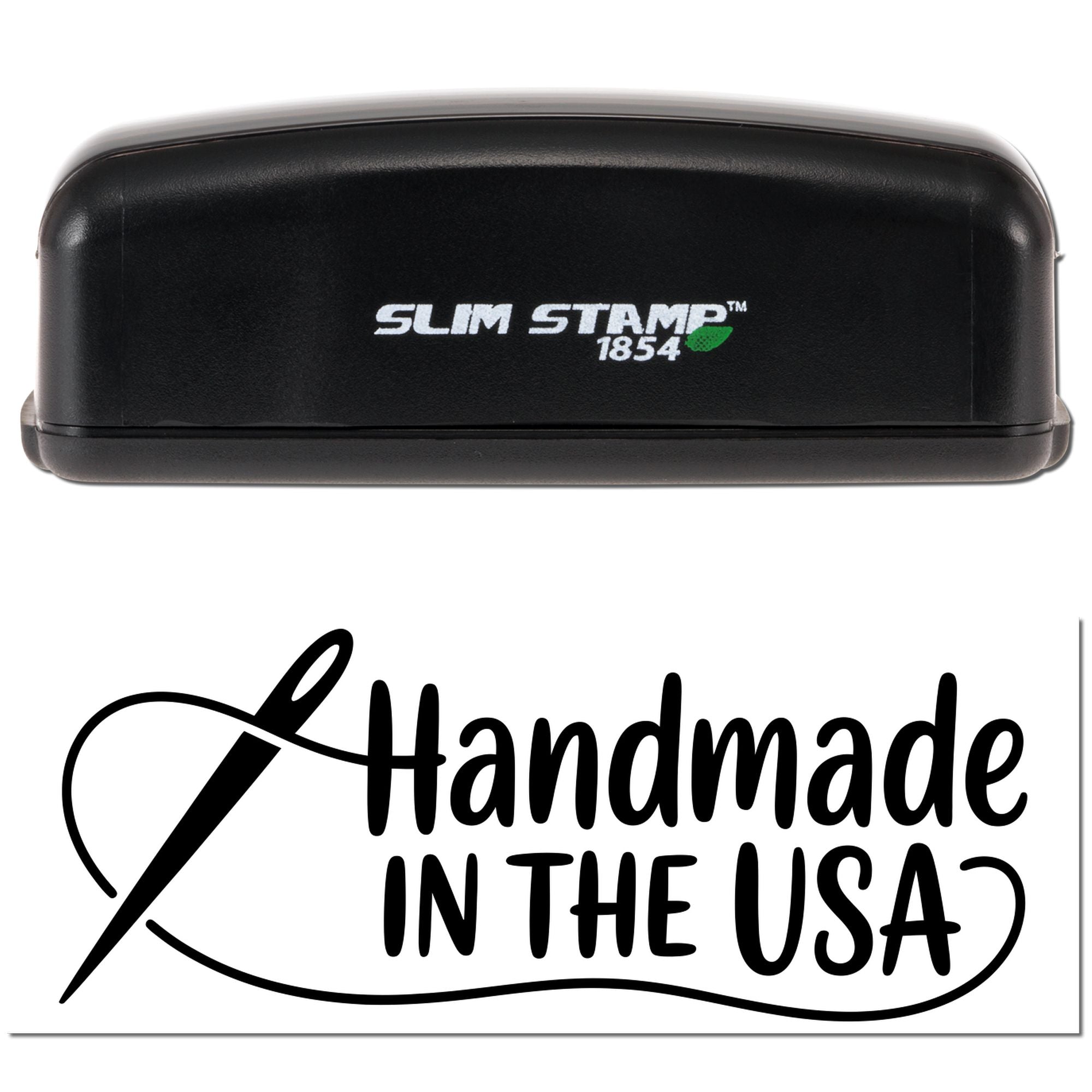 Black Slim Stamp 1854 self-inking stamp and Handmade in the USA seal with black script and stamp icon.