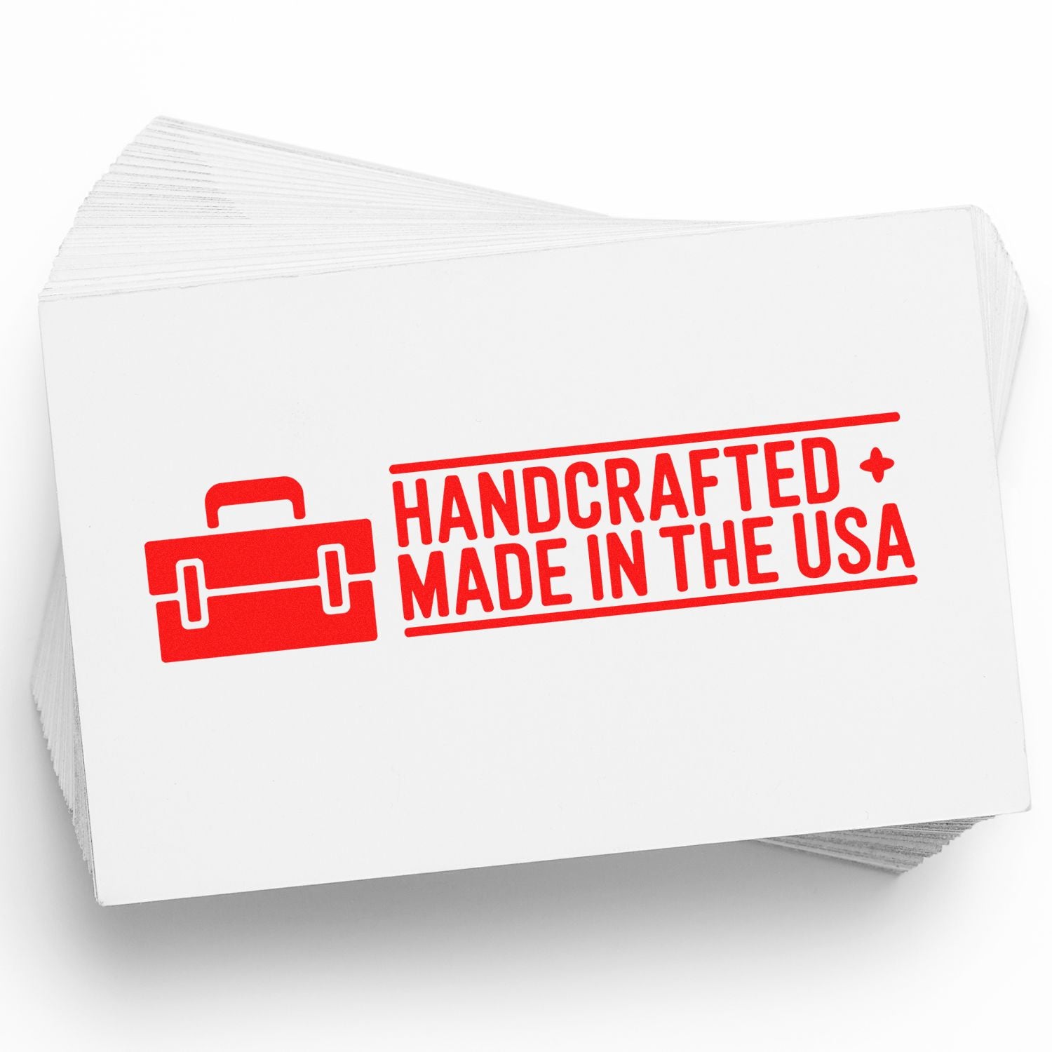 Red handcrafted made in the USA stamp and seal design on stacked white cards