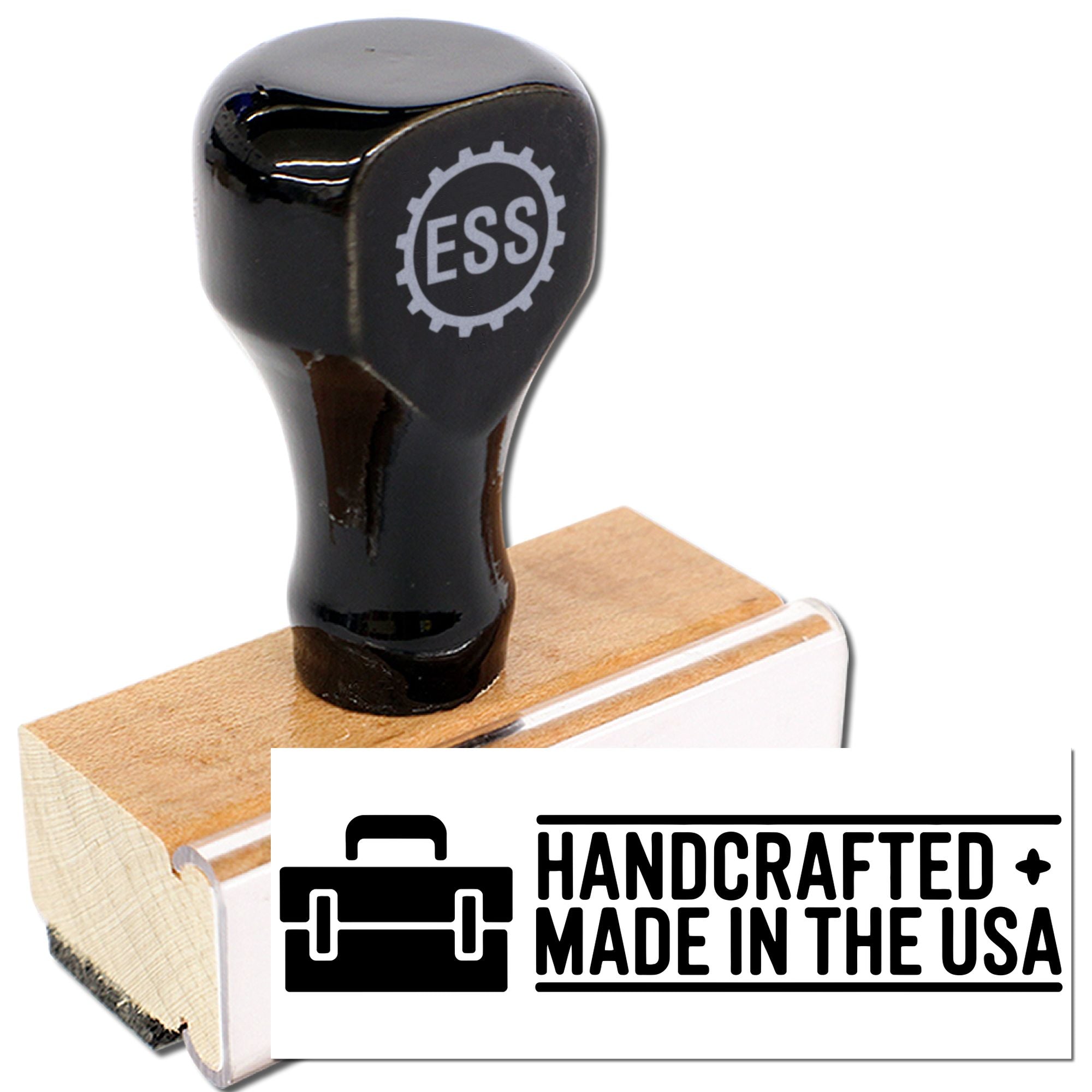 Black rubber stamp and seal with ESS gear logo, wooden block, and handcrafted made in the USA mark