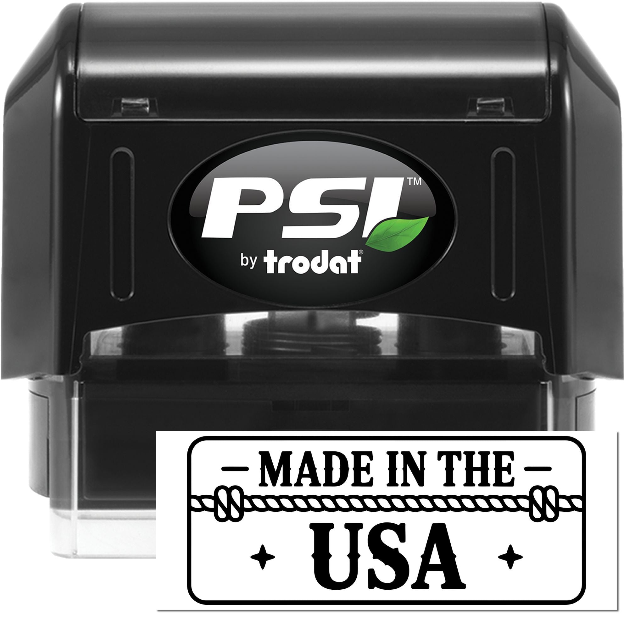 Black PSI by Trodat self-inking stamp with clear base and white Made in the USA seal impression.