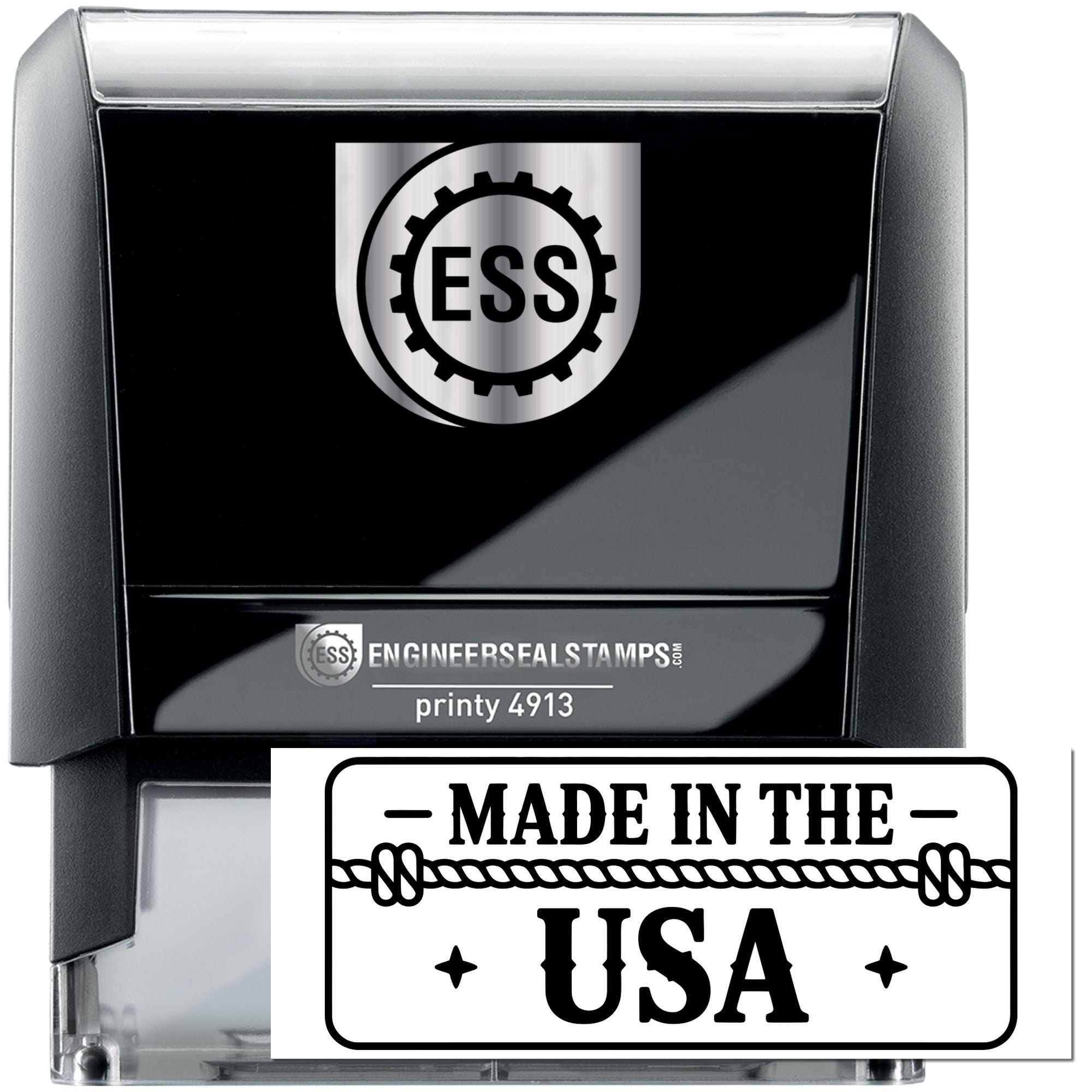 Black self-inking ESS stamp and seal product with silver logo, printy 4913, and Made in the USA badge.