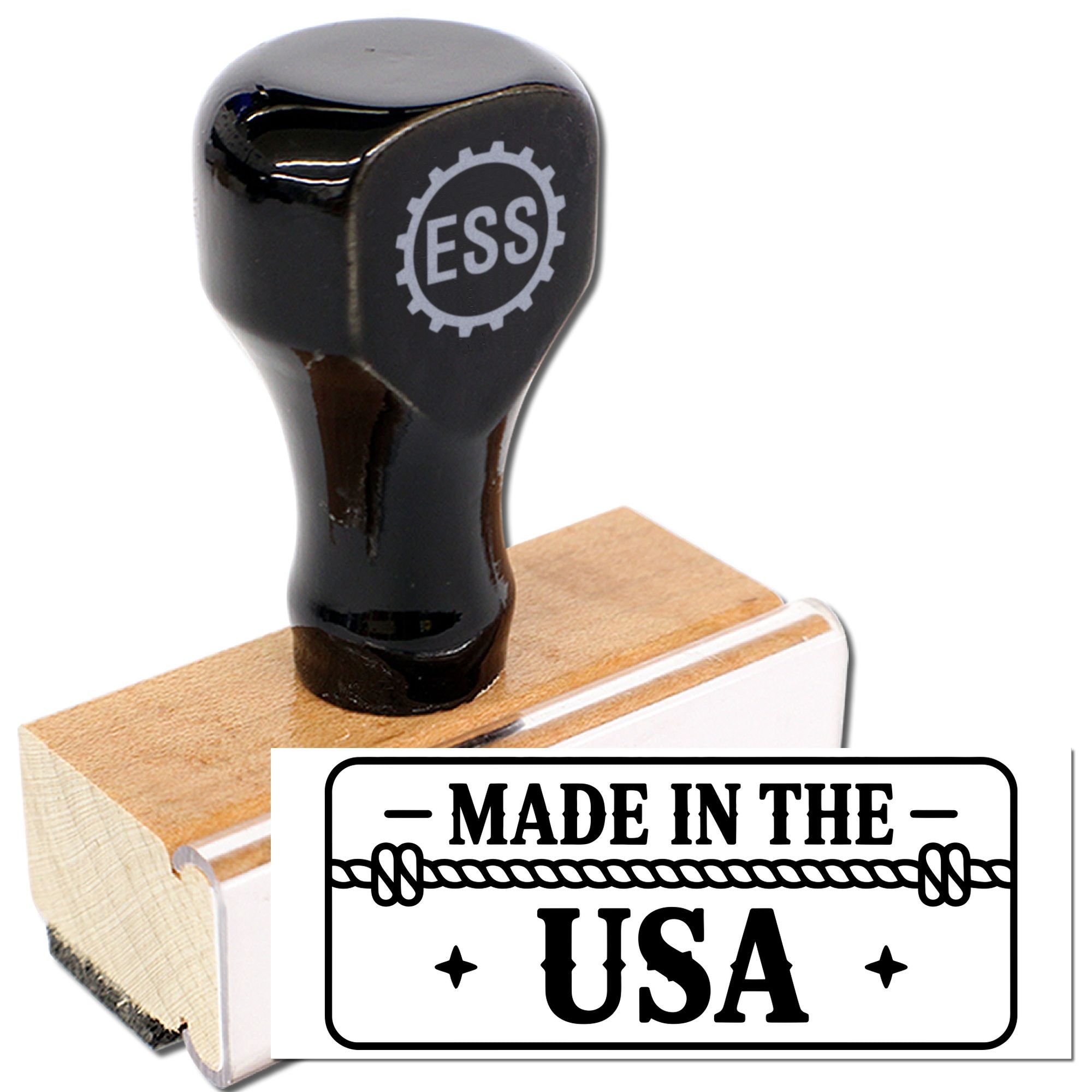 Black ESS rubber stamp on a wooden mount with a Made in the USA seal, black and white on a white background.