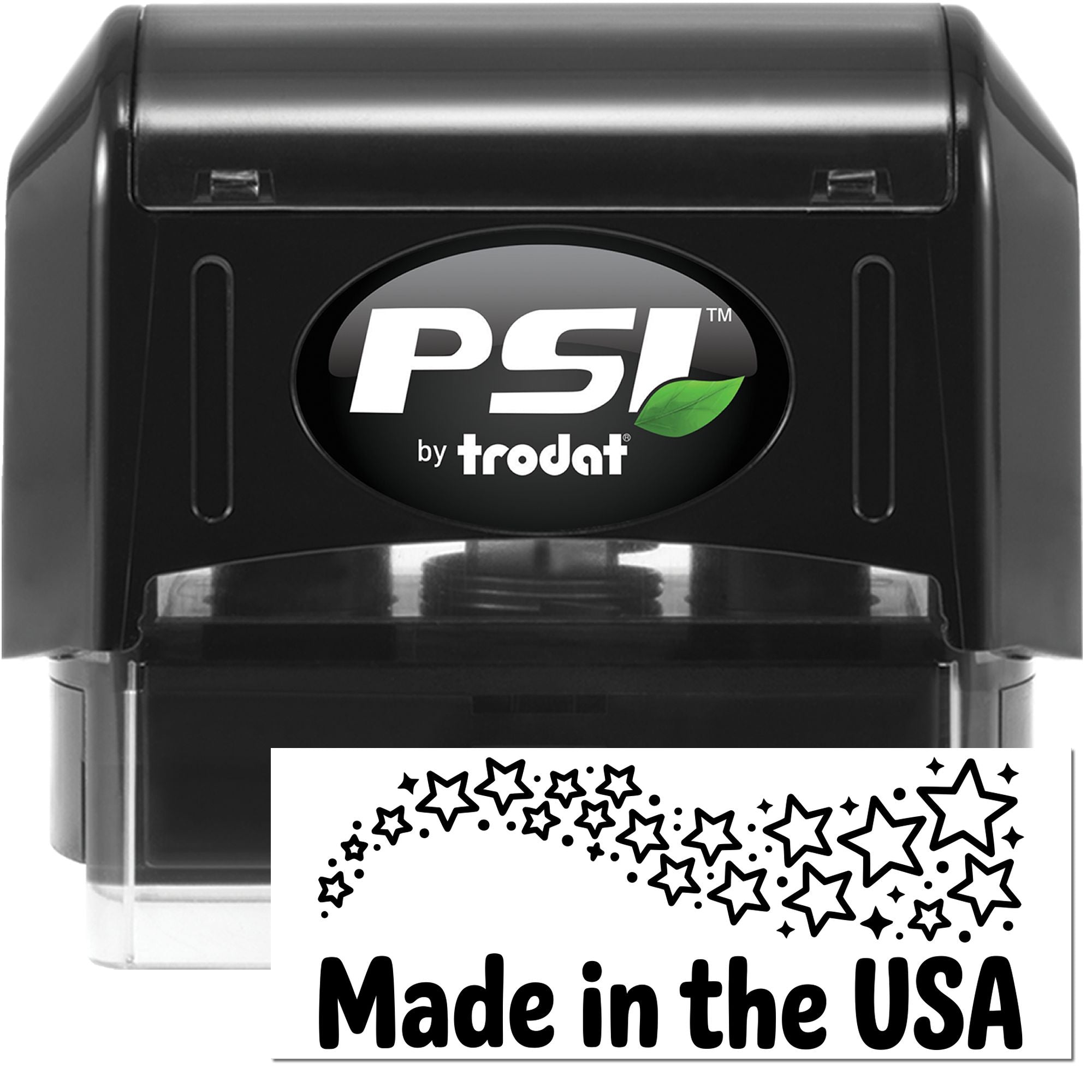Black PSI by Trodat self-inking stamp and seal in black, with Made in the USA stars design.