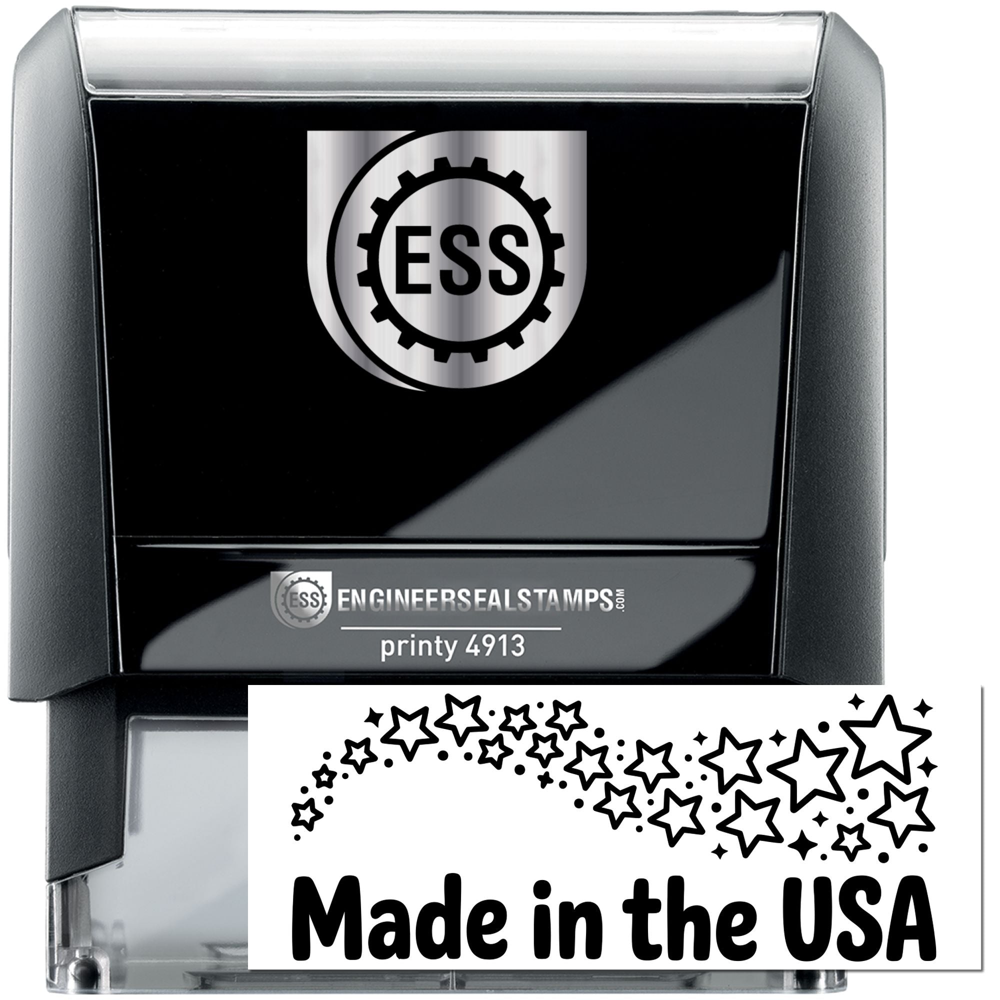Black self-inking ESS stamp and seal with silver logo, printy 4913, and Made in the USA design.