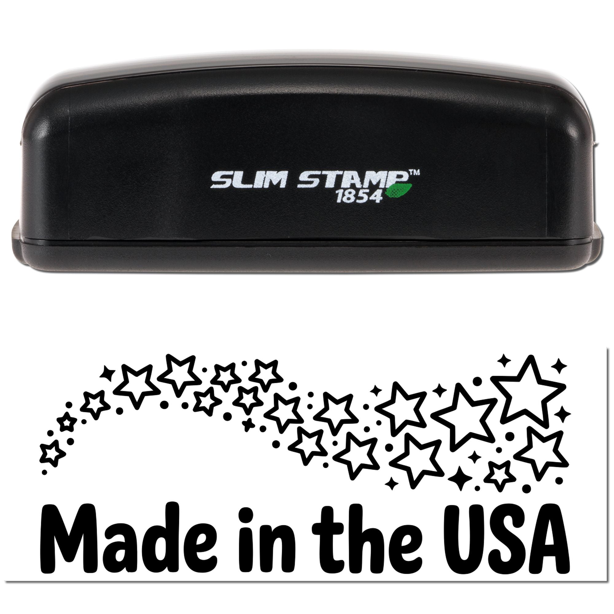 Black Slim Stamp 1854 stamp and seal device with white logo; sample imprint shows stars and Made in the USA.