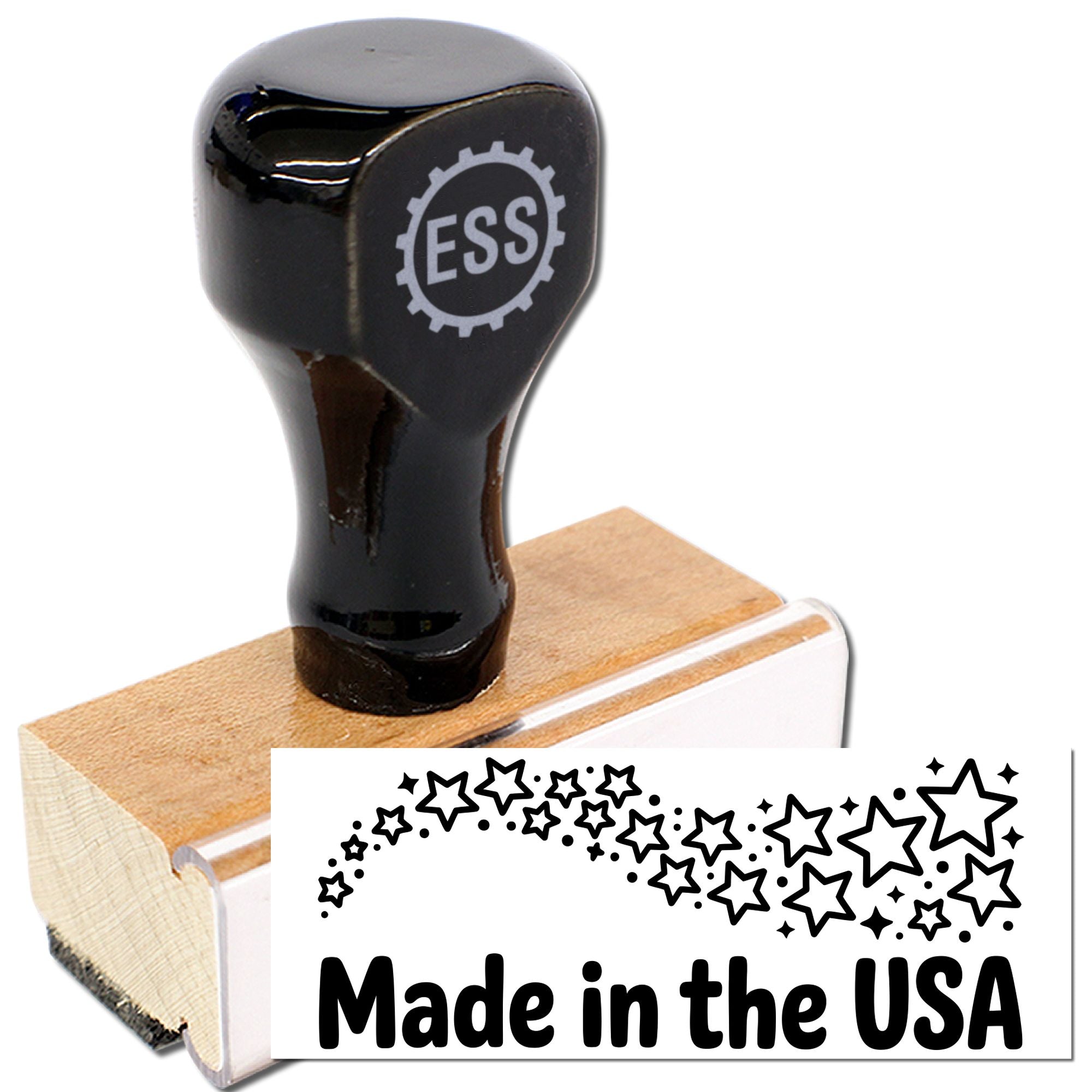 Black ESS self-inking stamp and seal with wooden base, showing Made in the USA star imprint