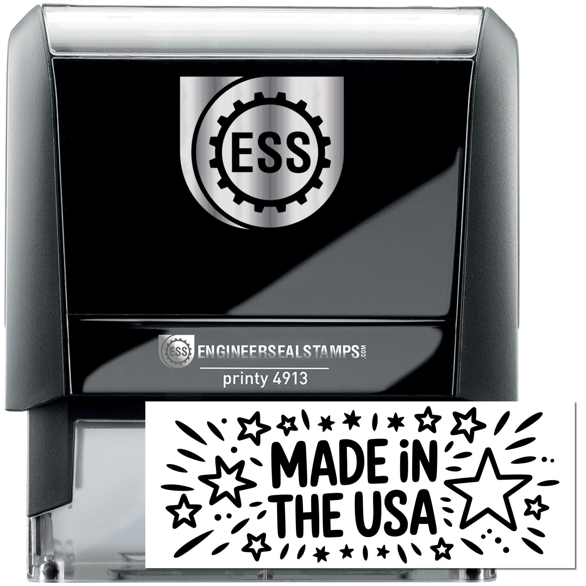 Black and gray self-inking ESS engineer seal stamp with silver logo and Made in the USA imprint