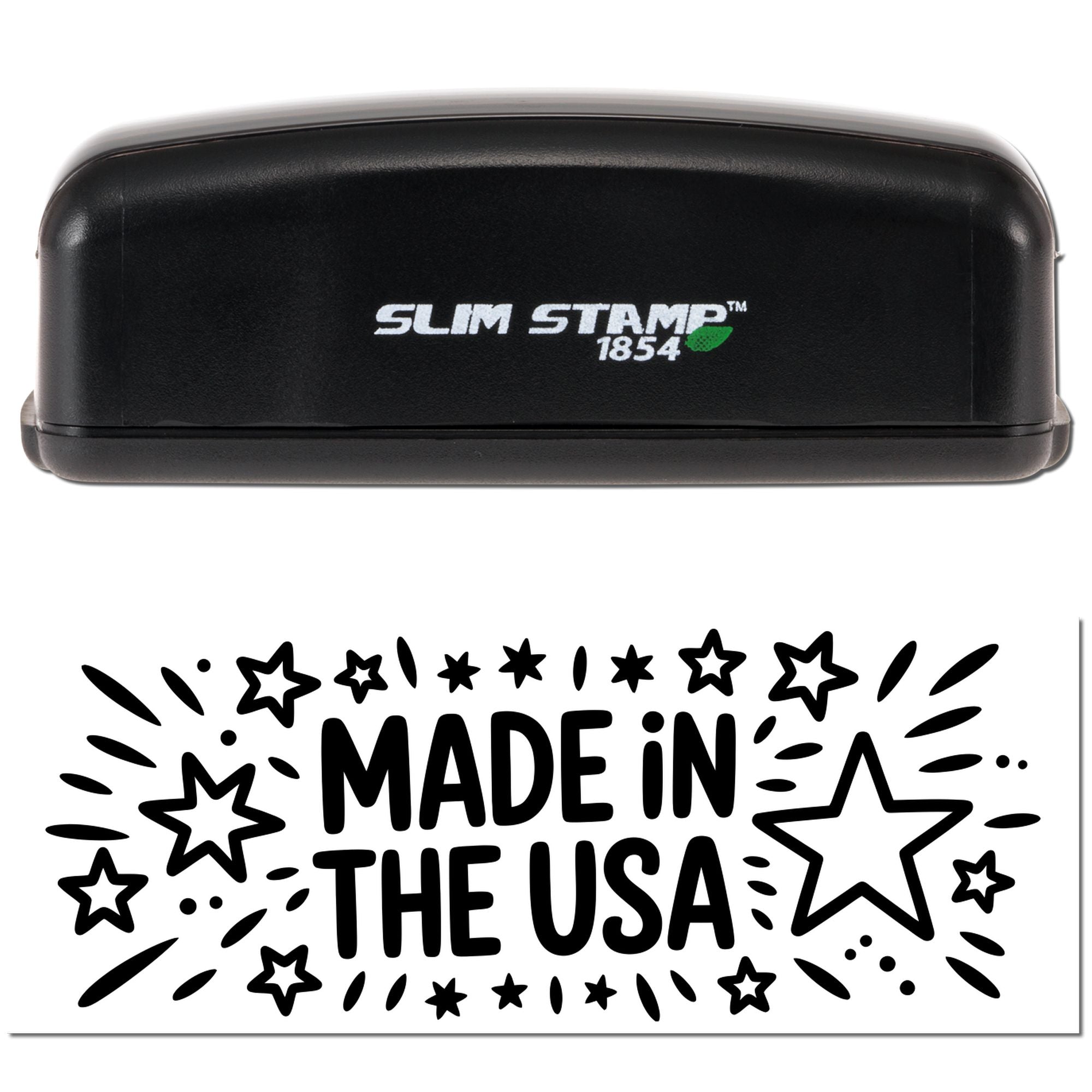 Black Slim Stamp 1854 stamp and seal in black, showing a bold Made in the USA impression with starburst accents.