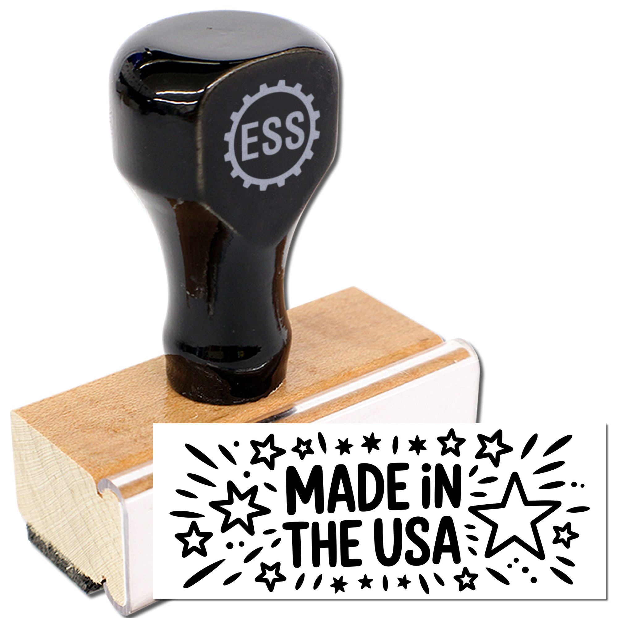 Black stamp and seal with wooden base, showing Made in the USA in bold text with stars.