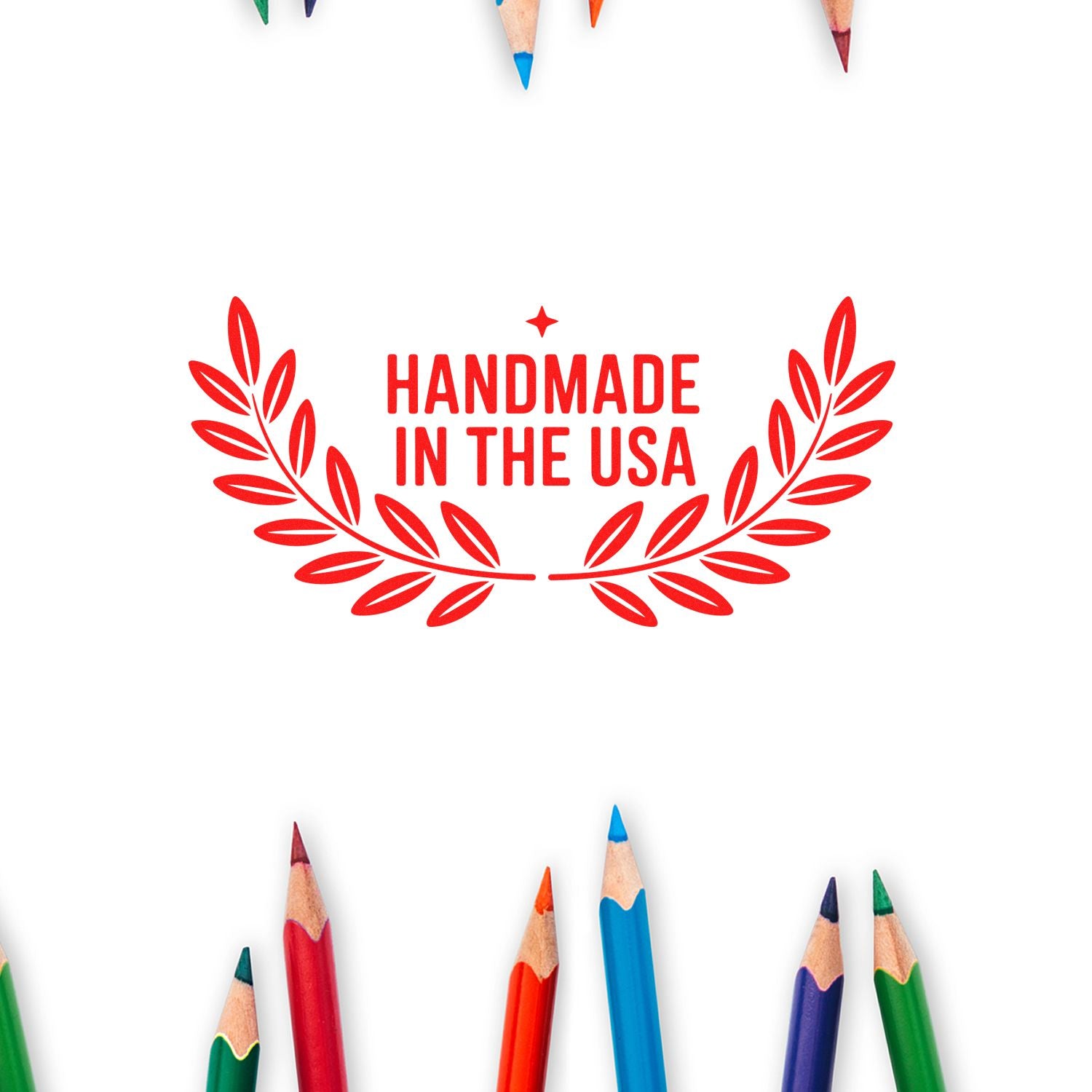 Red handmade in the USA seal stamp with laurel wreath, surrounded by colorful pencils on a white background.