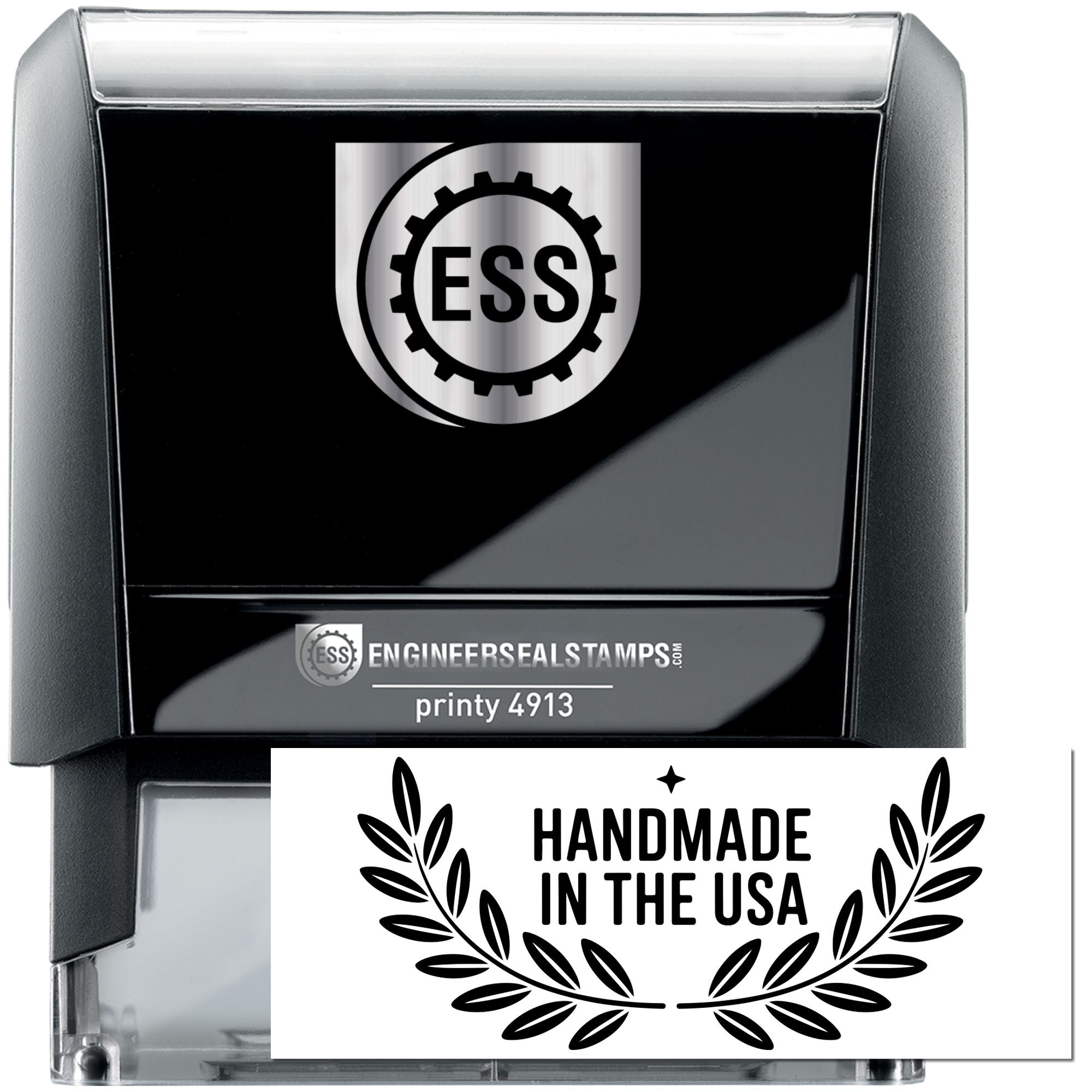 Black and silver ESS self-inking stamp and seal products featuring EngineerSealStamps logo and Handmade in the USA design.