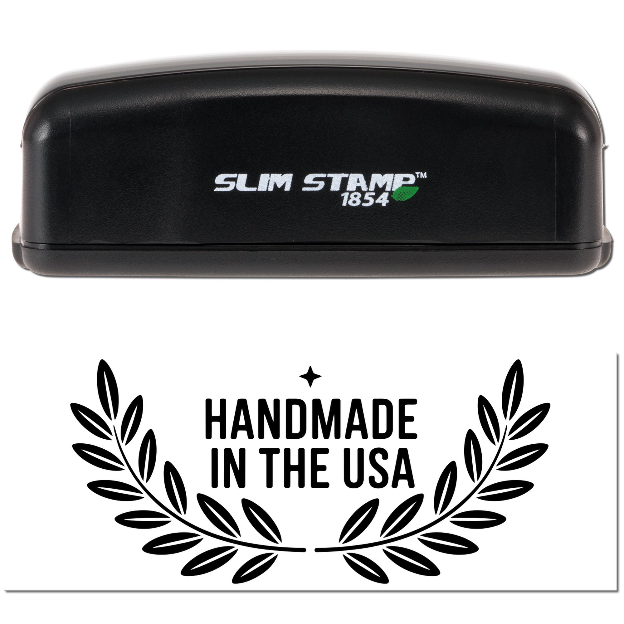 Black Slim Stamp 1854 self-inking stamp with handmade in the USA laurel seal on a white background