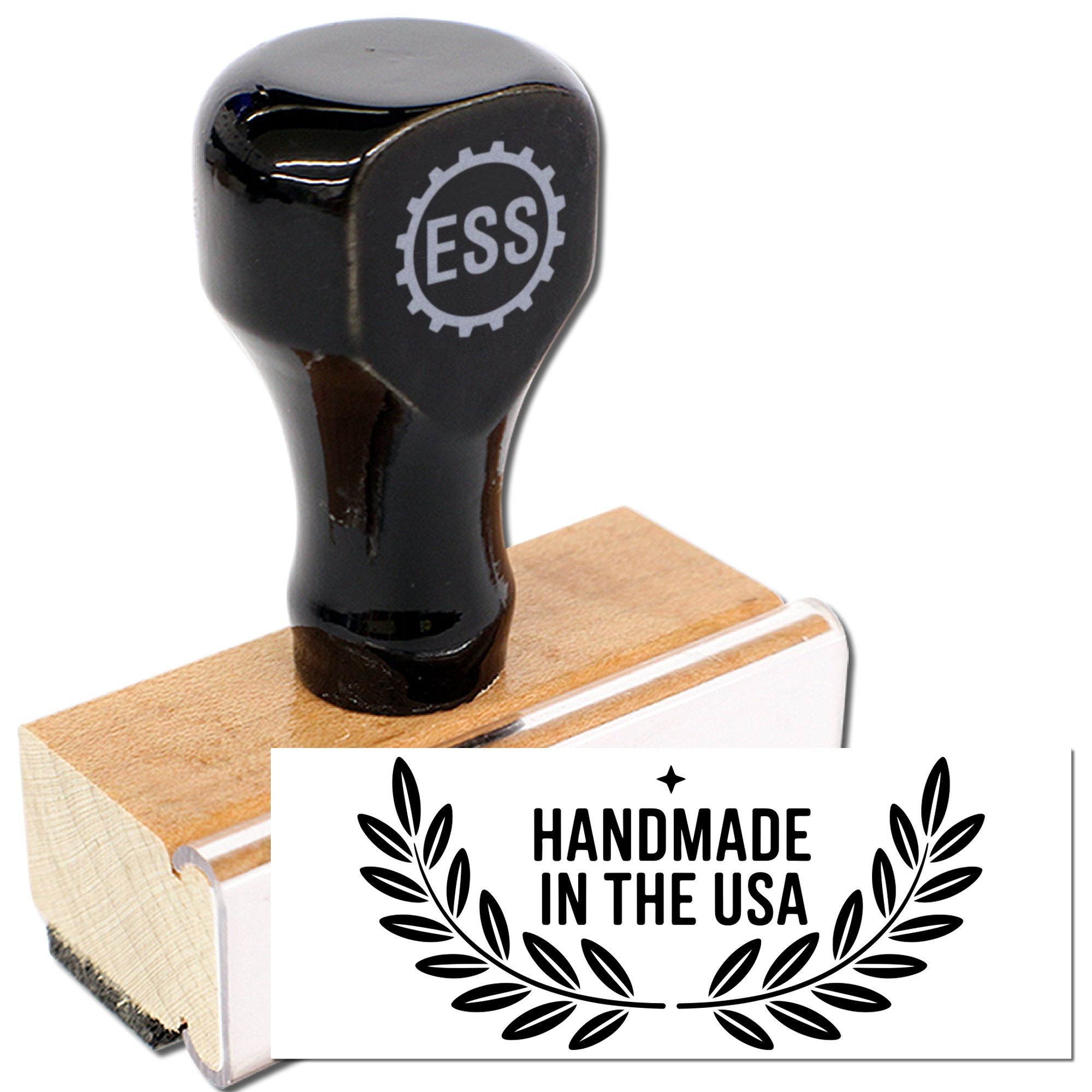 Black custom stamp and seal with glossy black handle, wooden base, ESS gear logo, and Handmade in the USA badge