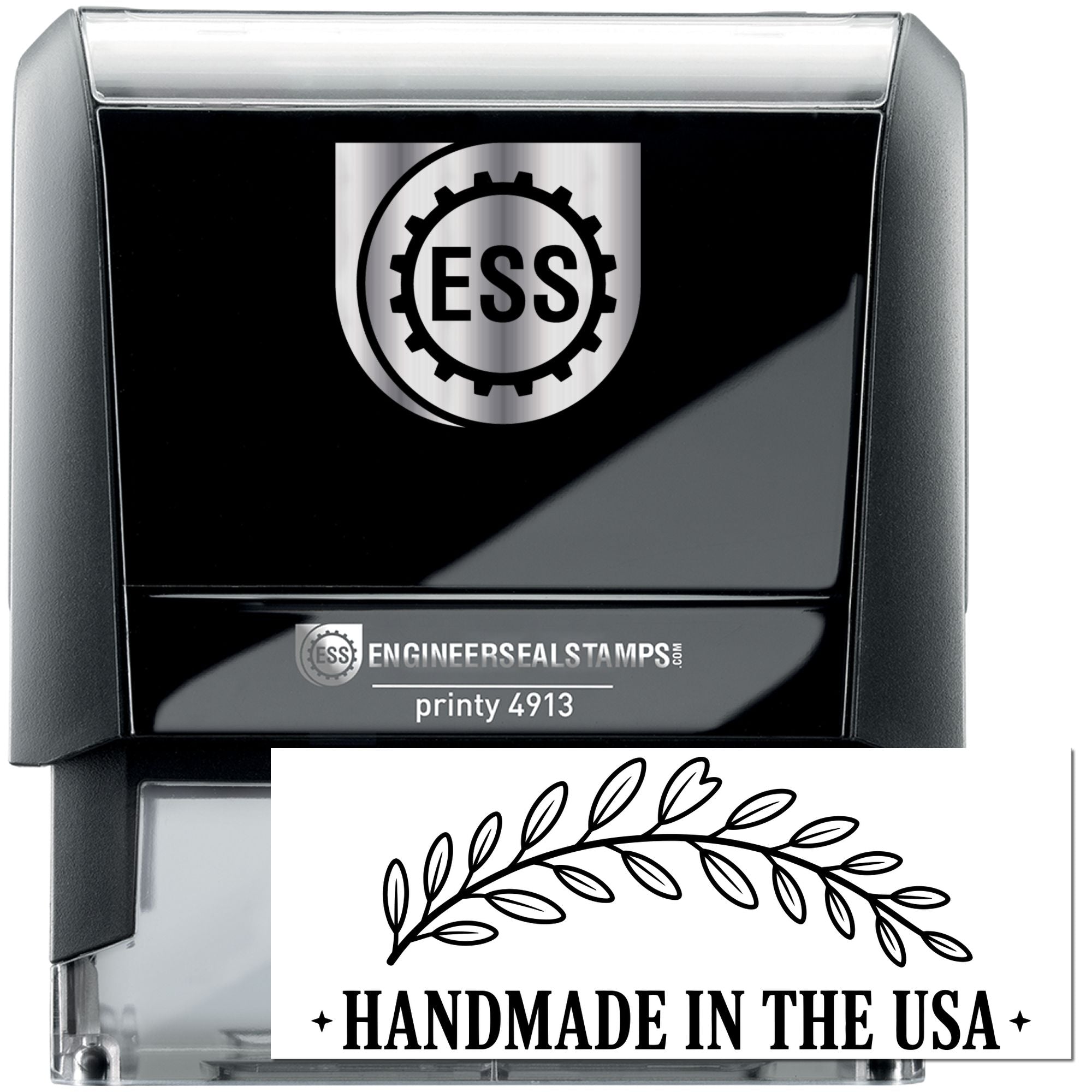 Black and silver self-inking engineering seal stamp with ESS logo, Printy 4913, and Handmade in the USA design.