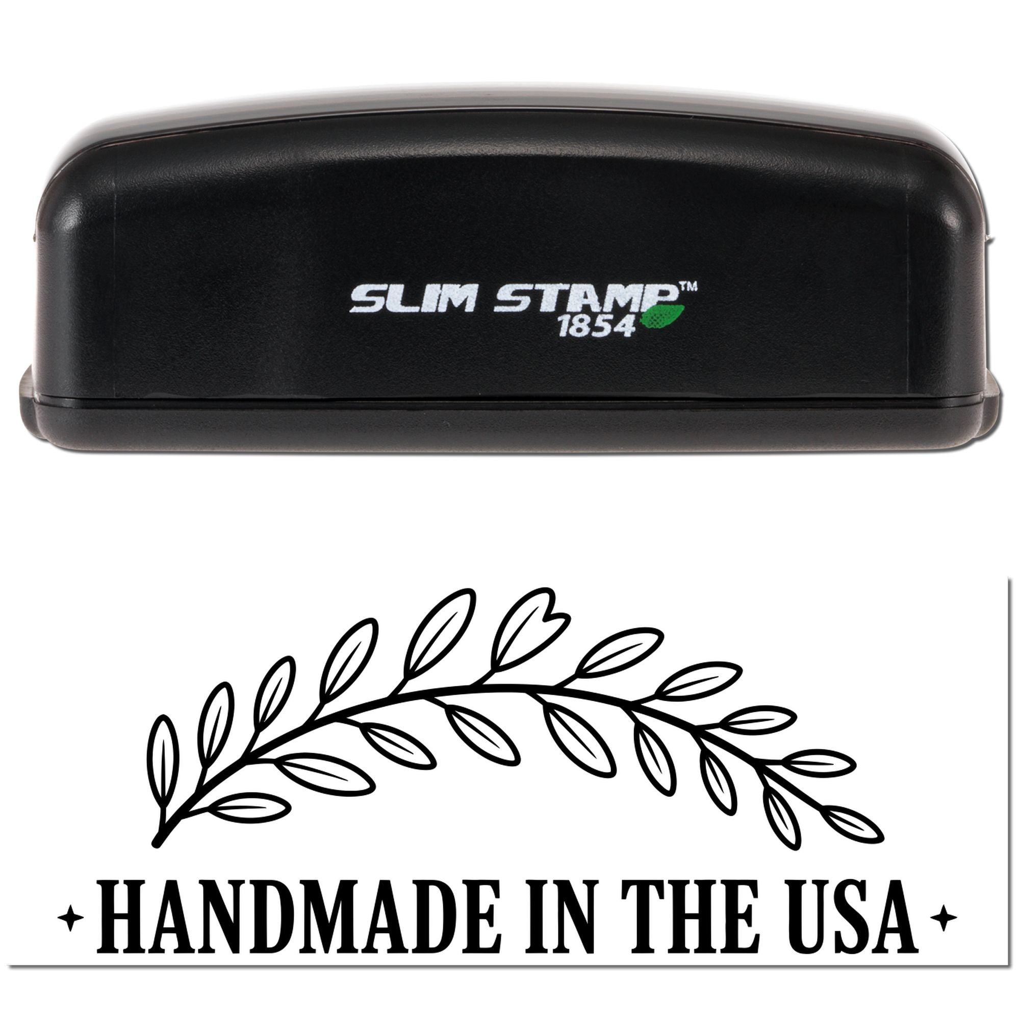 Black Slim Stamp 1854 self-inking stamp with a laurel seal and Handmade in the USA text on white.