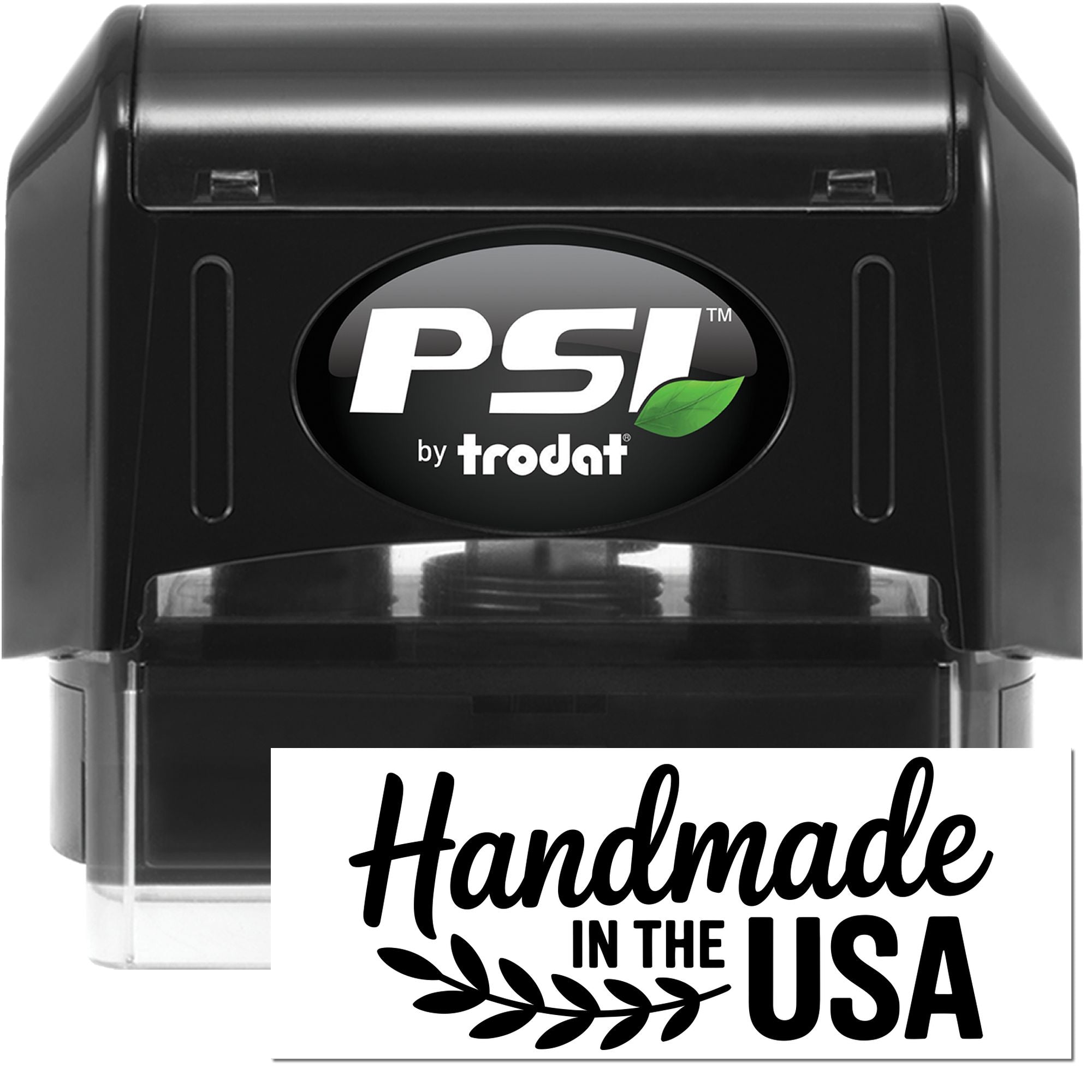 Black PSI by Trodat handmade stamp and seal, black casing with green leaf logo and clear base.