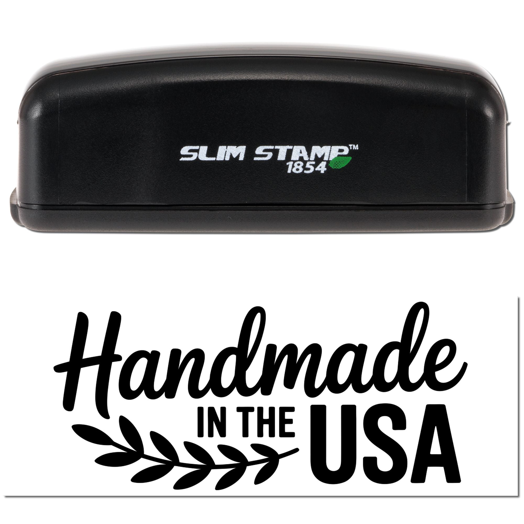 Black Slim Stamp 1854 self-inking stamp with white logo and green leaf, above bold black Handmade in the USA seal.