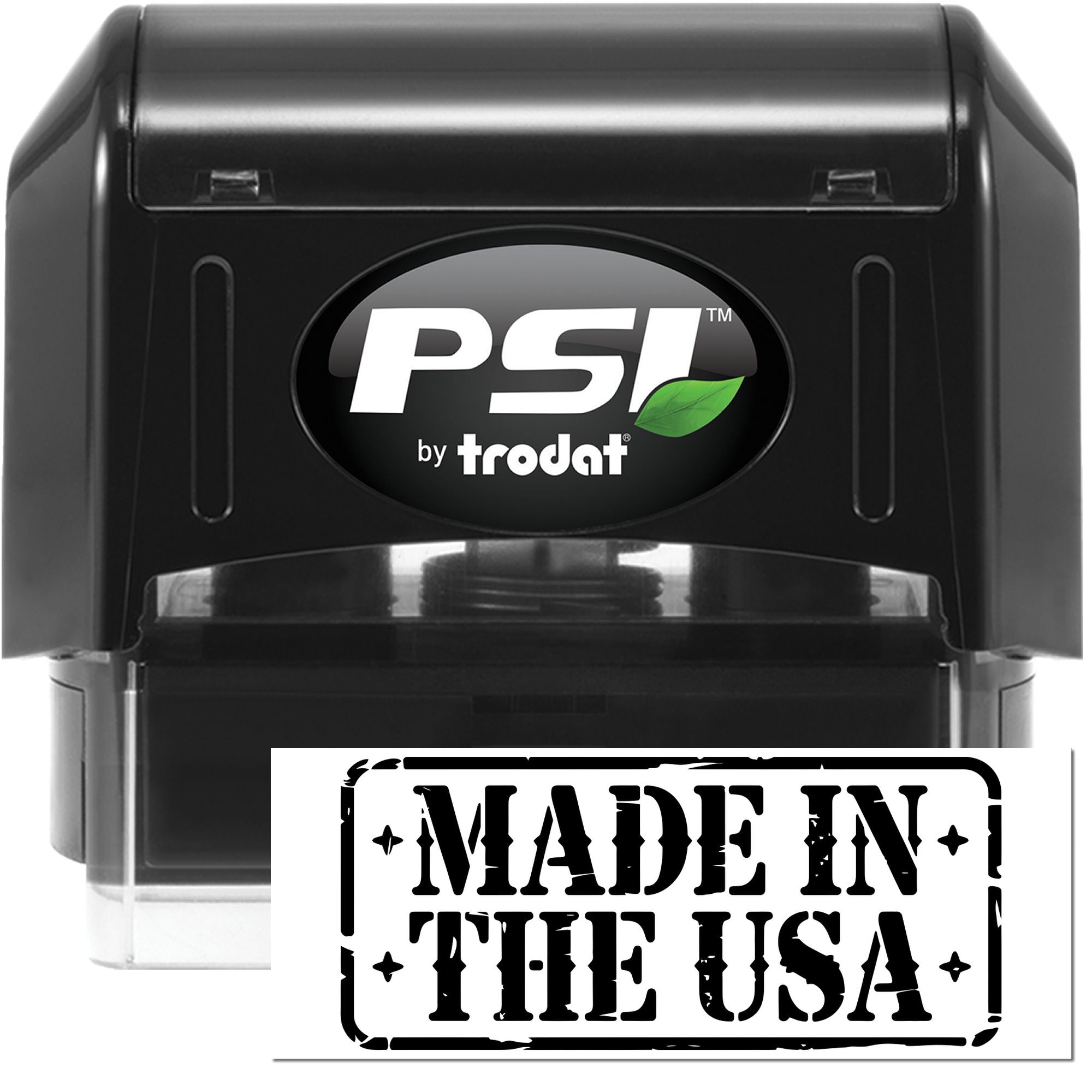 Black PSI by Trodat black stamp and seal with green leaf logo, showing a Made in the USA imprint.