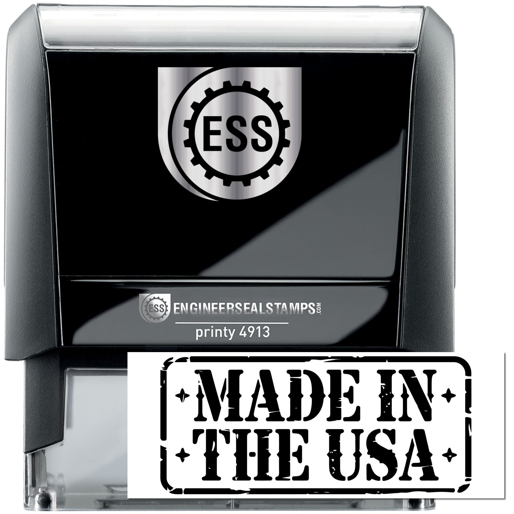 Black and silver ESS Engineer Seal Stamps self-inking stamp with metallic logo and Made in the USA seal
