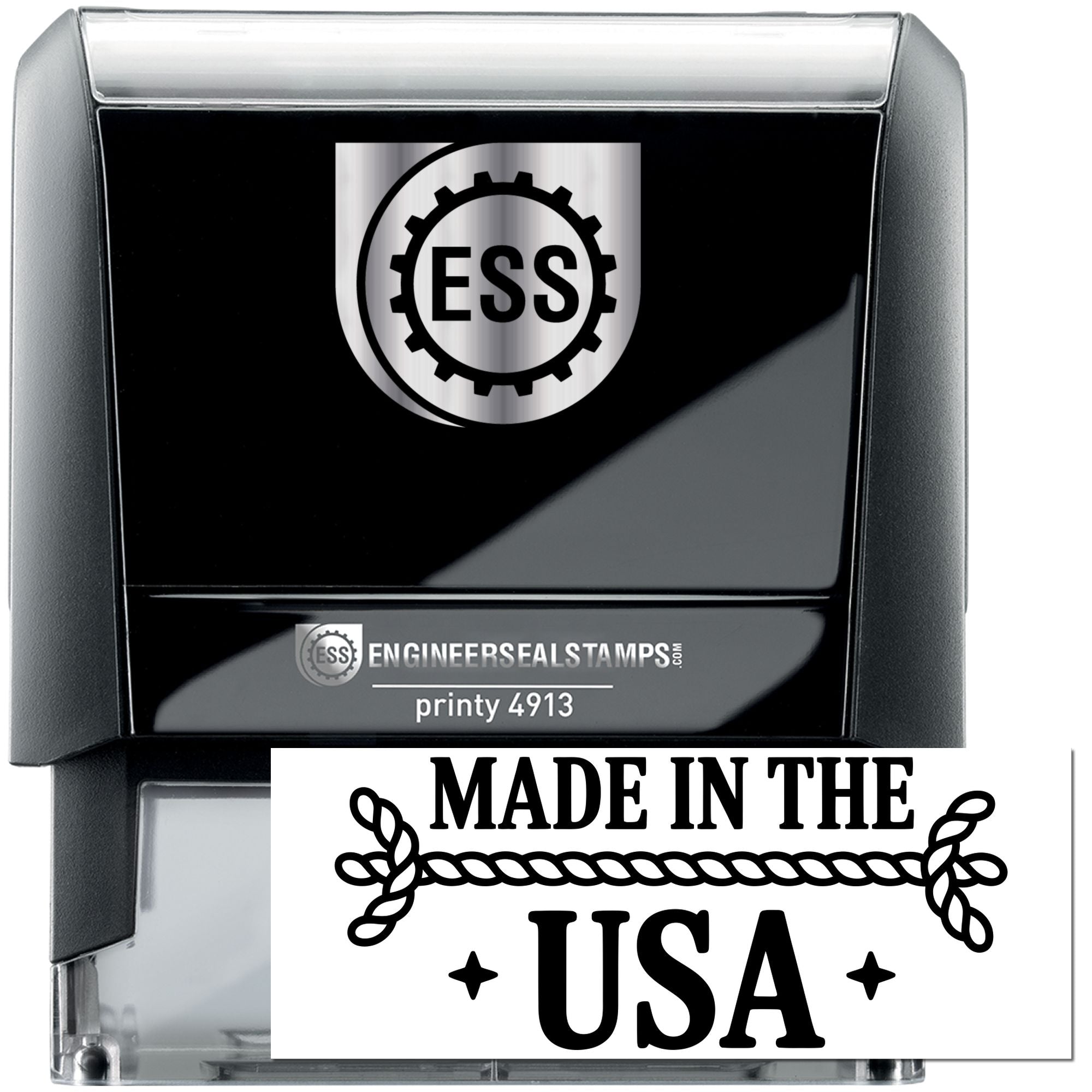Black self-inking engineer seal stamp with silver ESS logo and Made in the USA seal